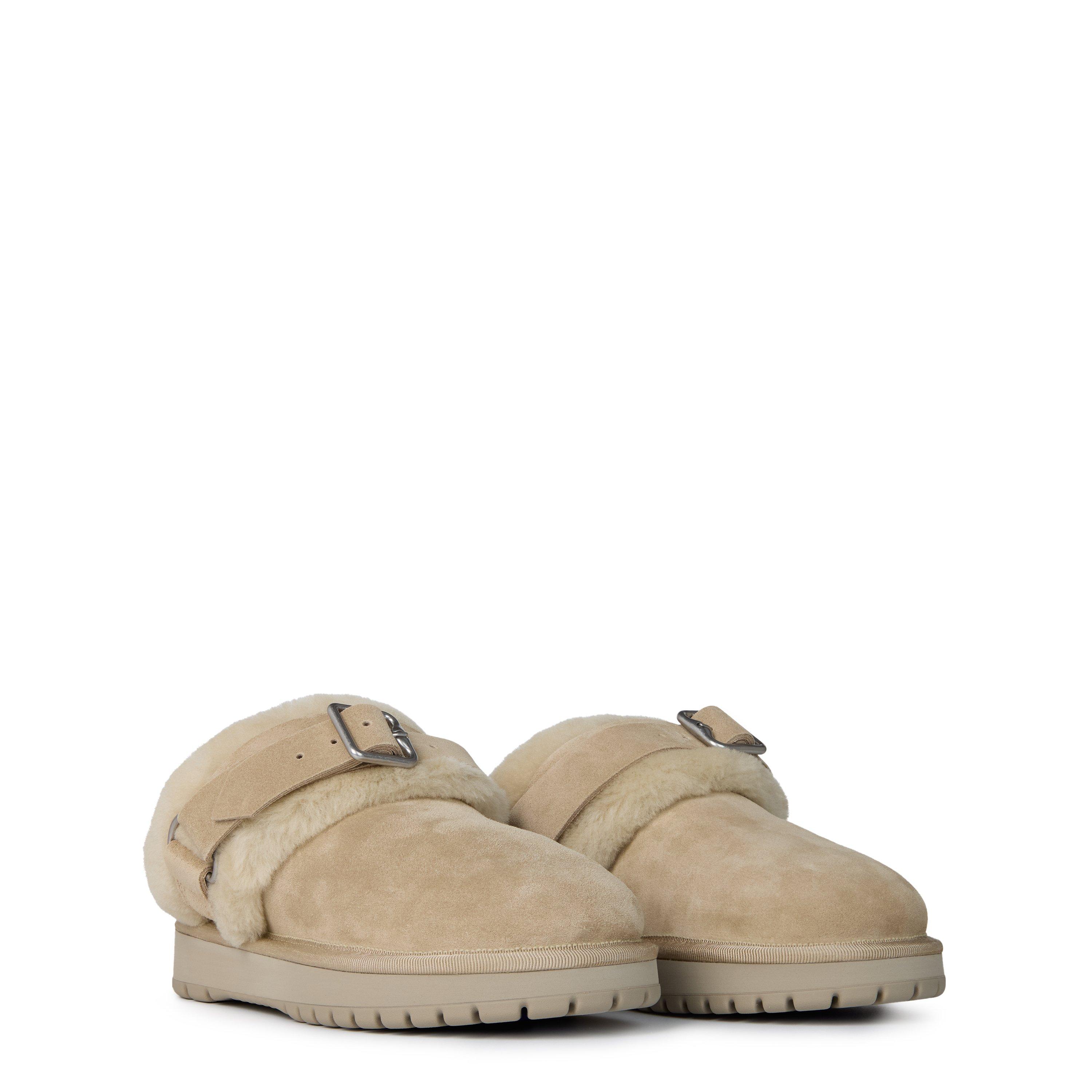 Beige - Burberry - Women's Chubby Suede and Shearling Slip On Flat Mules - 3