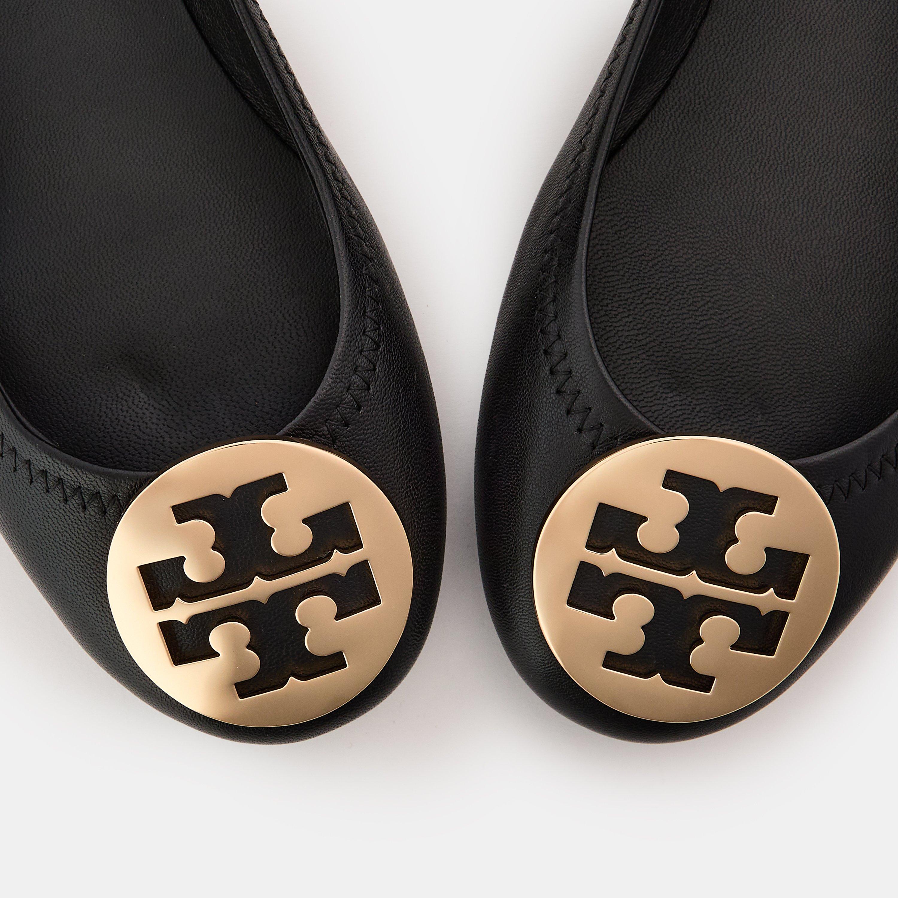 Black/Gold - Tory Burch - Women's Leather Belt Ballet Pumps - 3