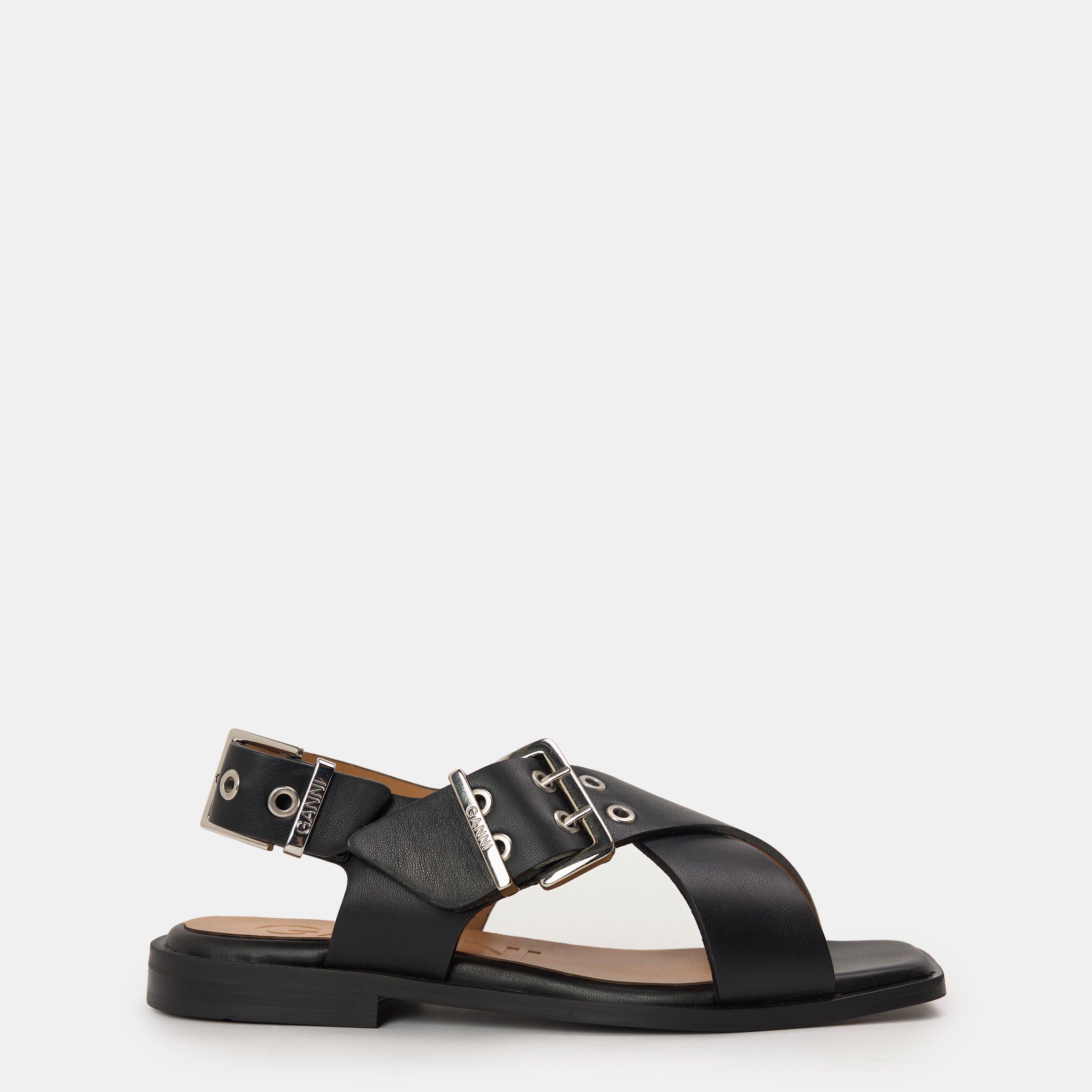 Black - Ganni - Women's Cross Strap Flat Sandals - 1