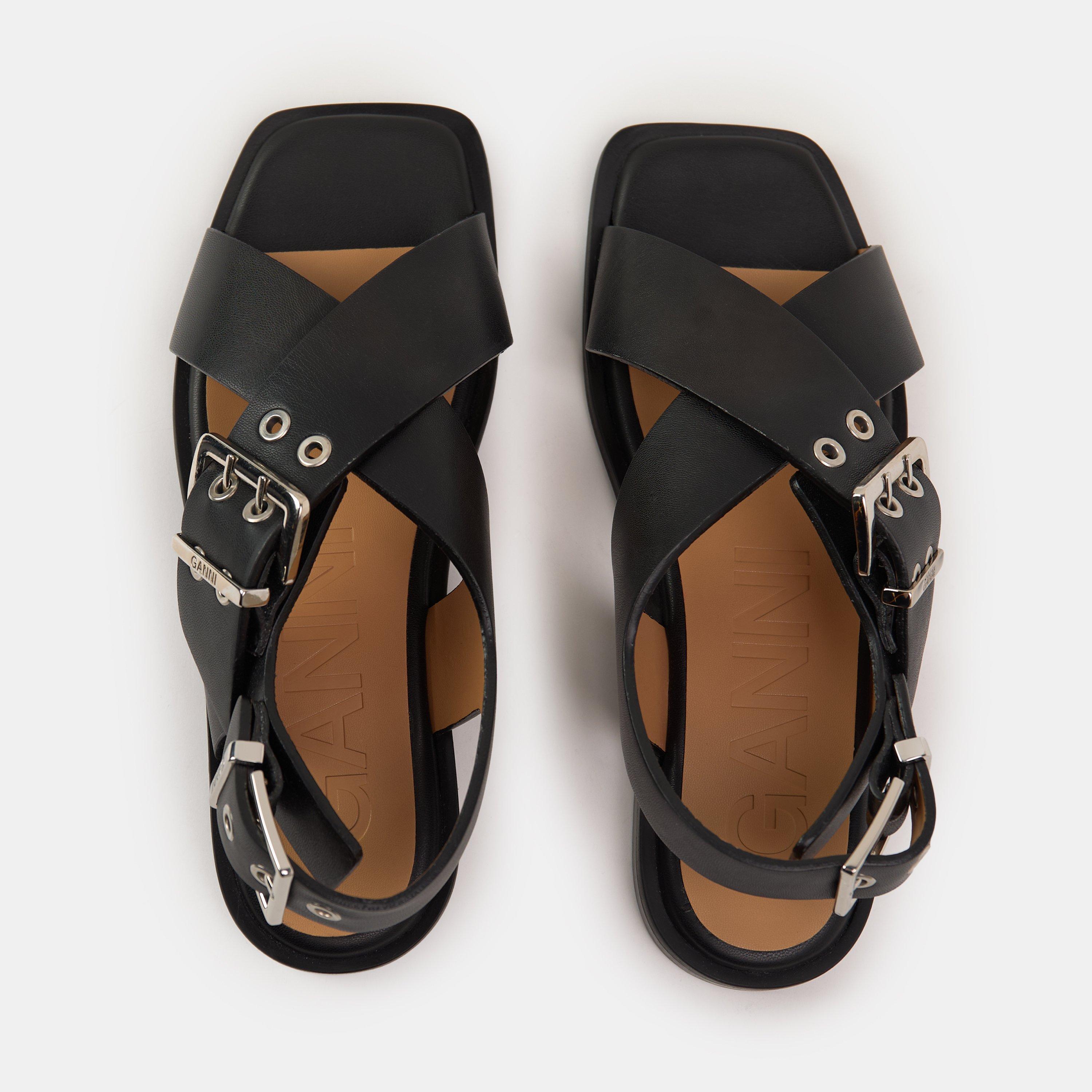 Black - Ganni - Women's Cross Strap Flat Sandals - 4