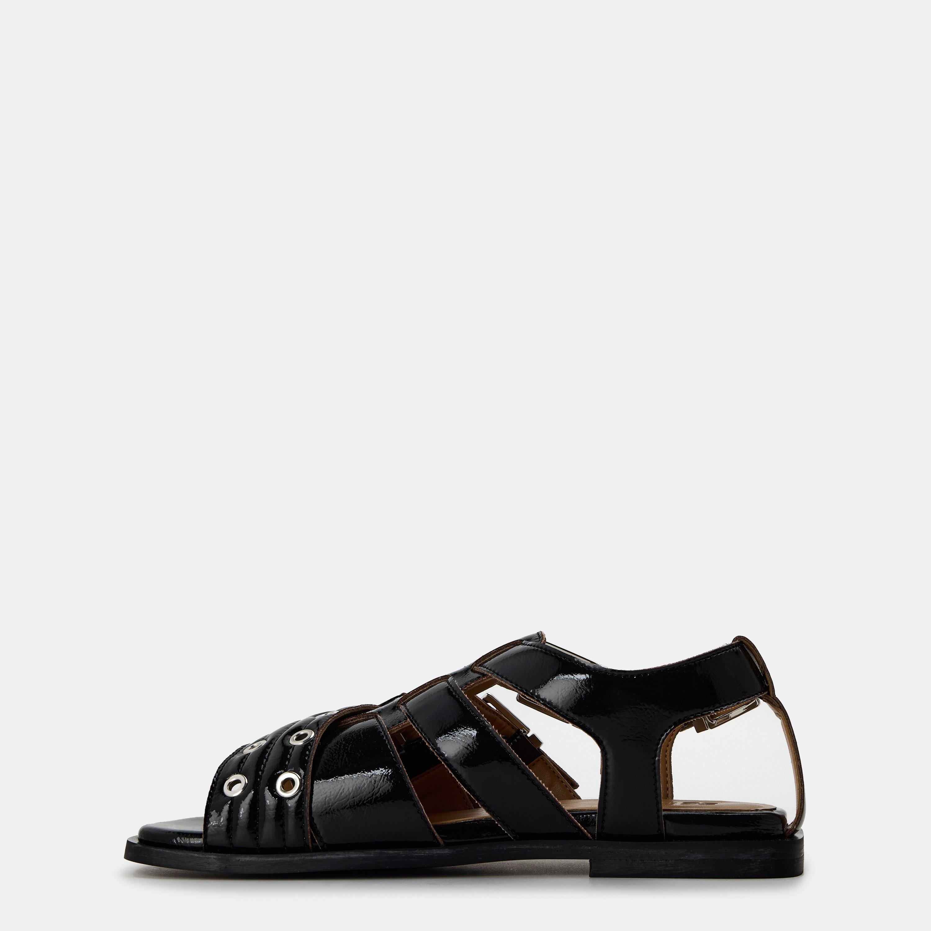 Black - Ganni - Women's Leather Strap Flat Sandals - 2