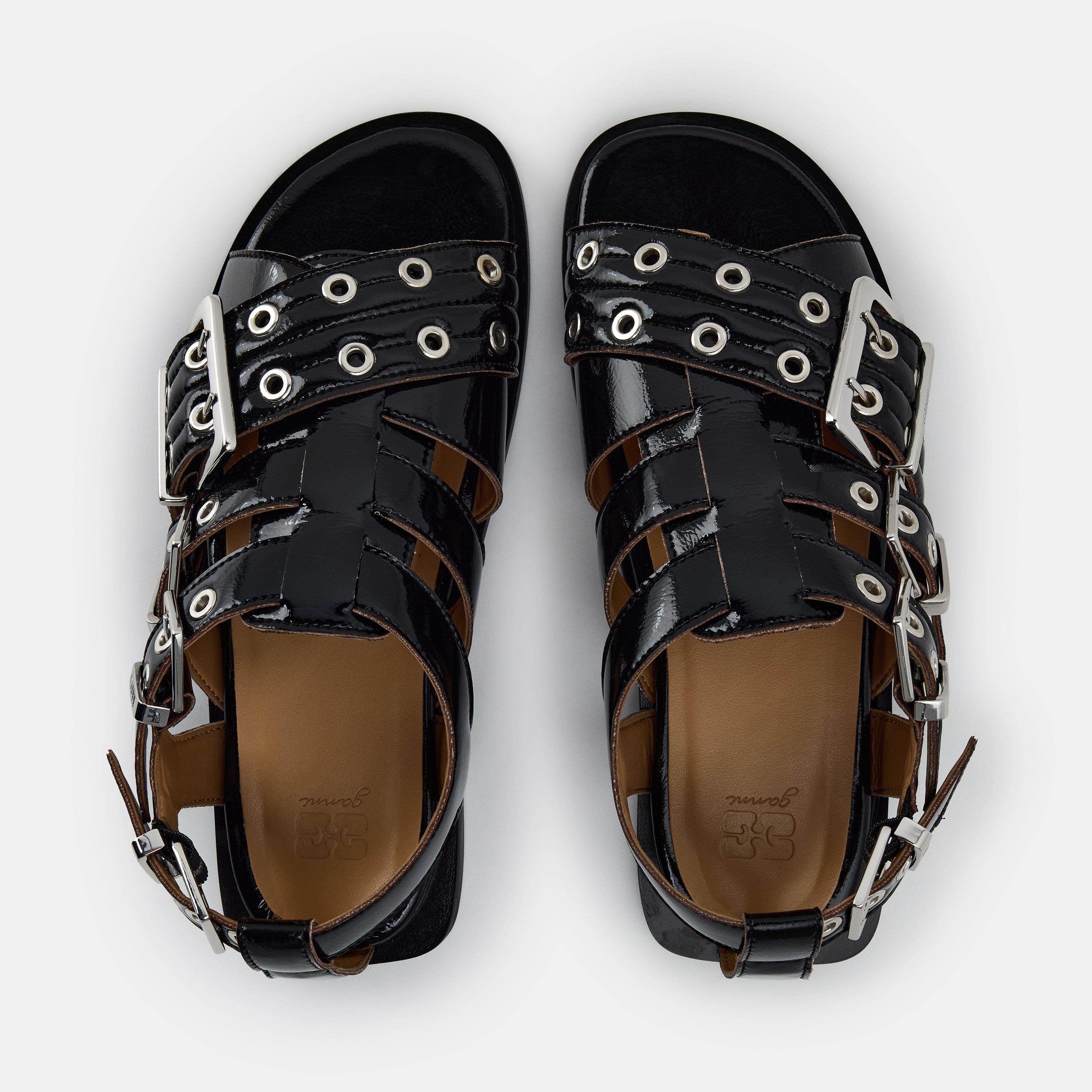 Black - Ganni - Women's Leather Strap Flat Sandals - 4