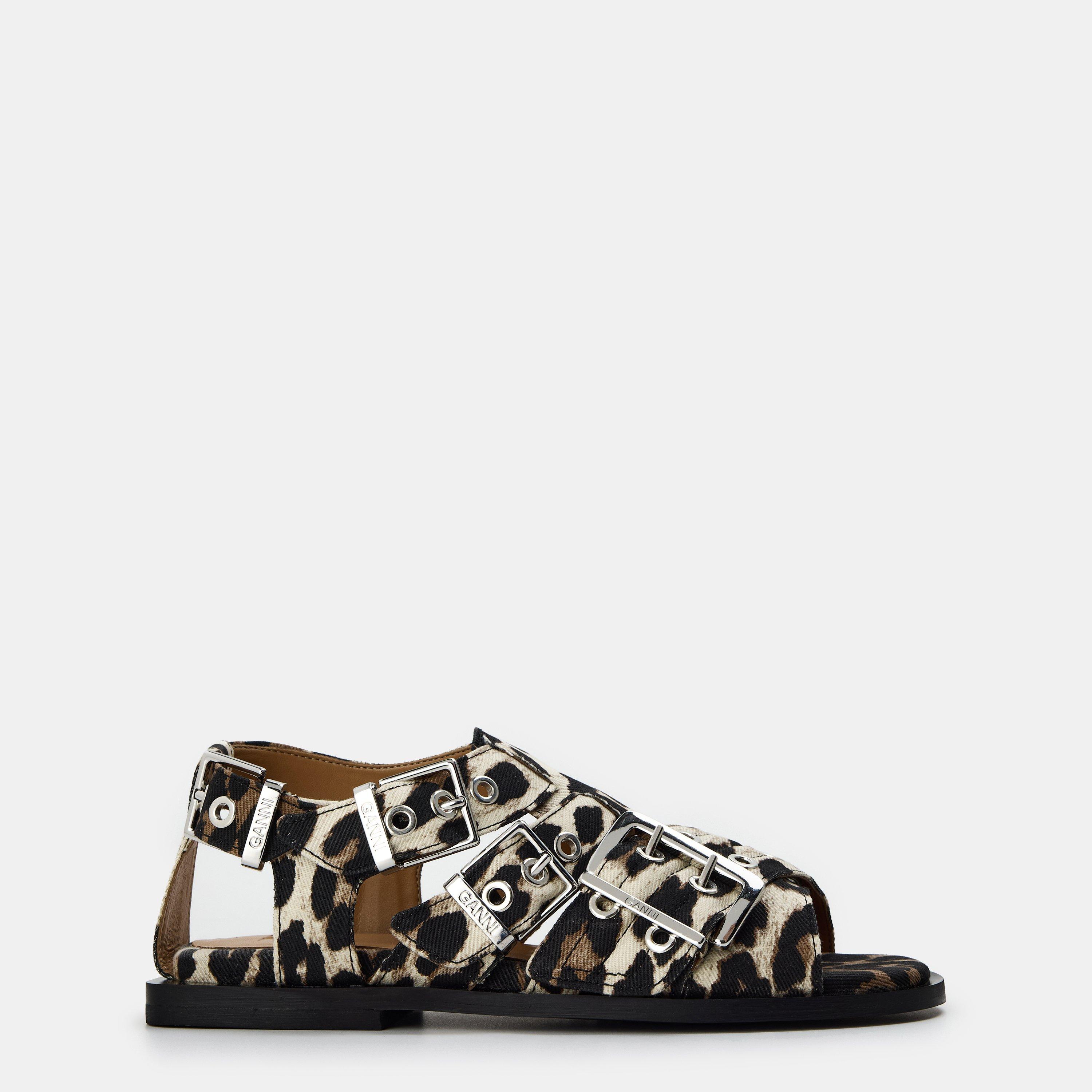 Ganni Women's Denim Strap Flat Sandals - Leopard - Size 5 (38)