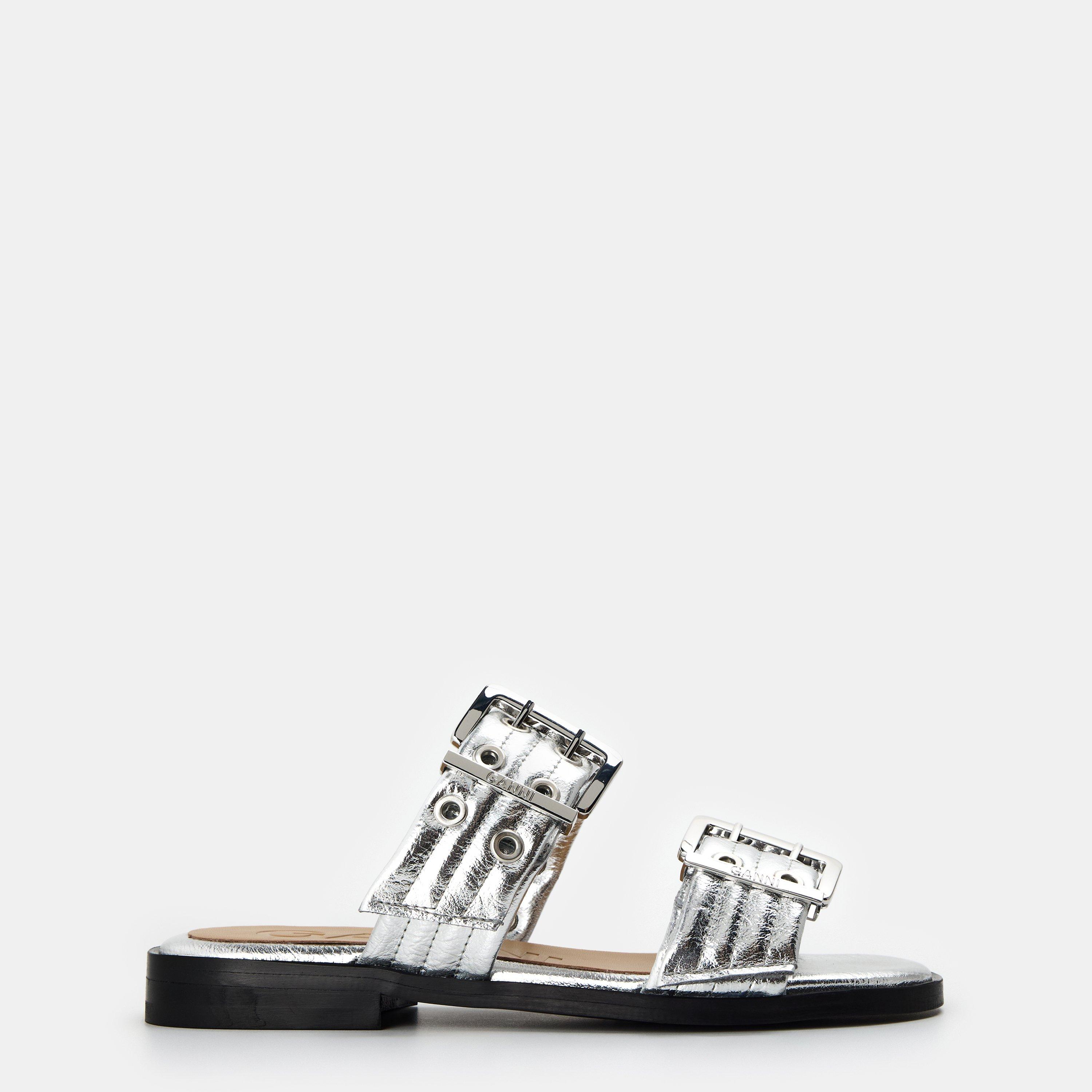 Silver - Ganni - Women's Metallic Flat Sandals - 1