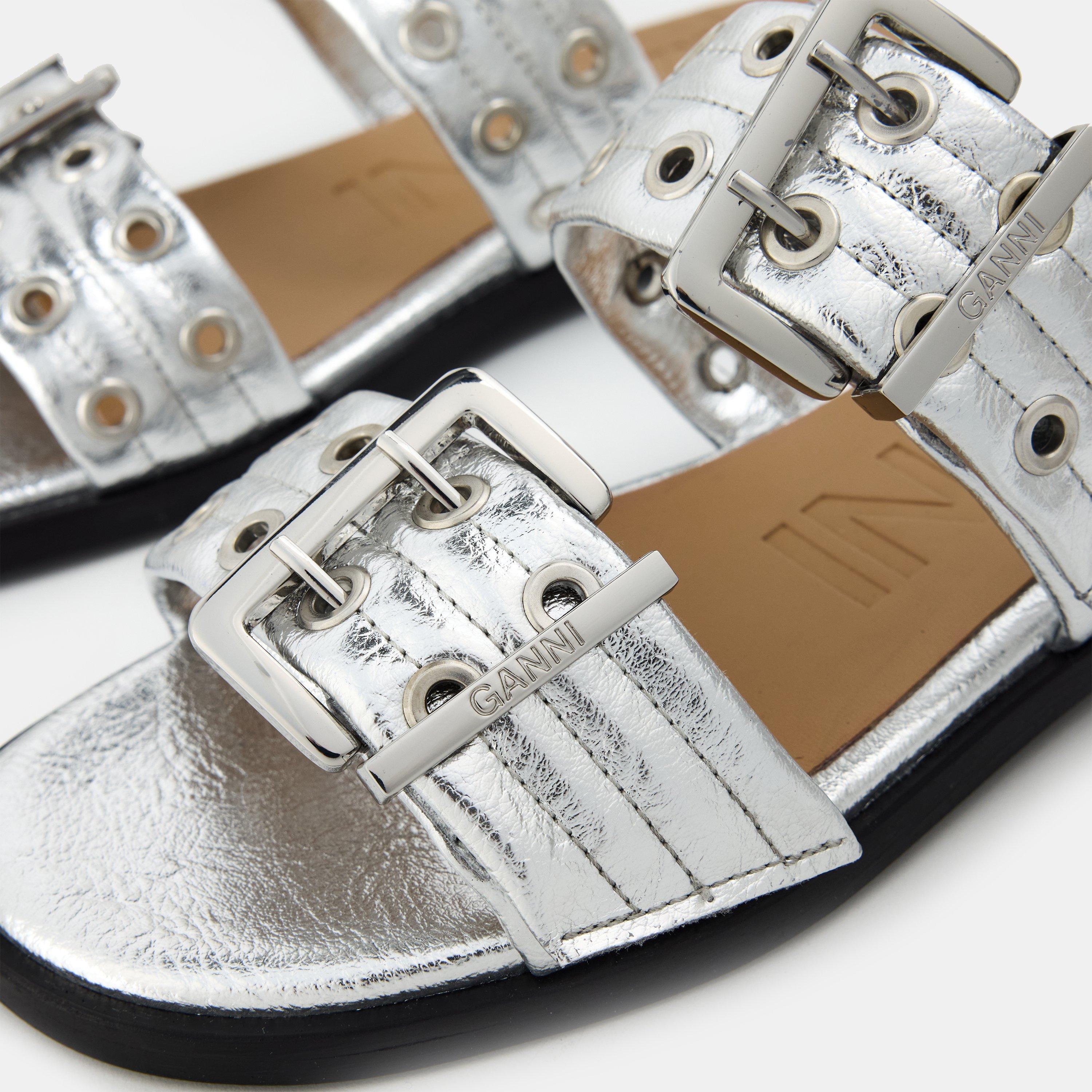 Silver - Ganni - Women's Metallic Flat Sandals - 3