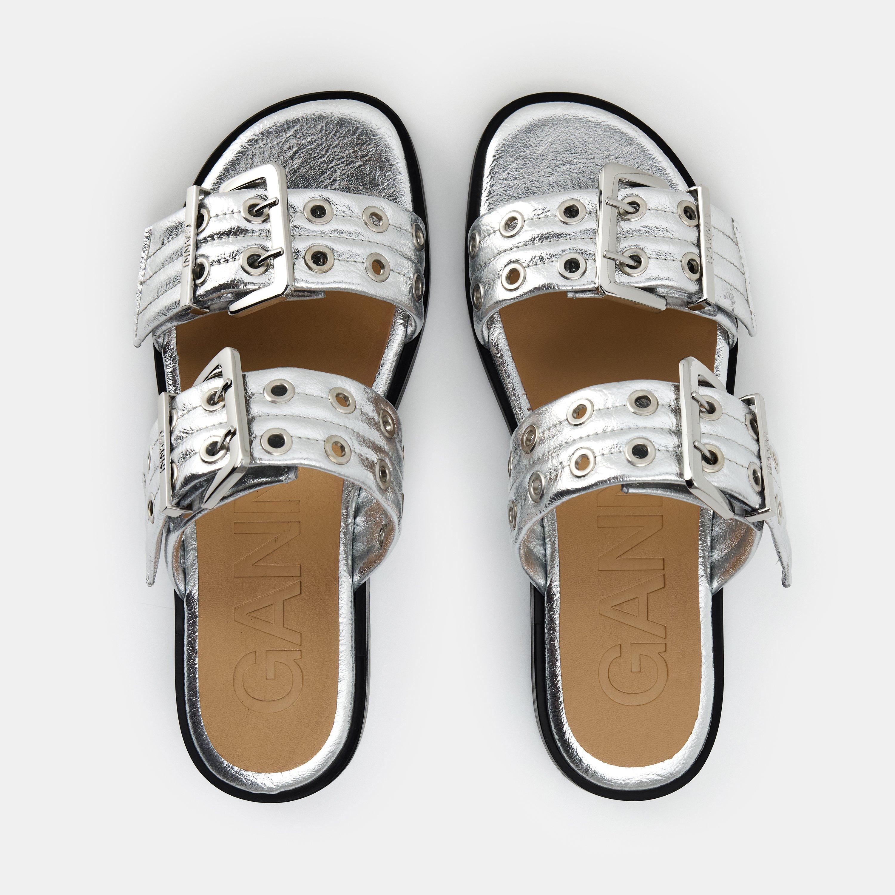 Silver - Ganni - Women's Metallic Flat Sandals - 4