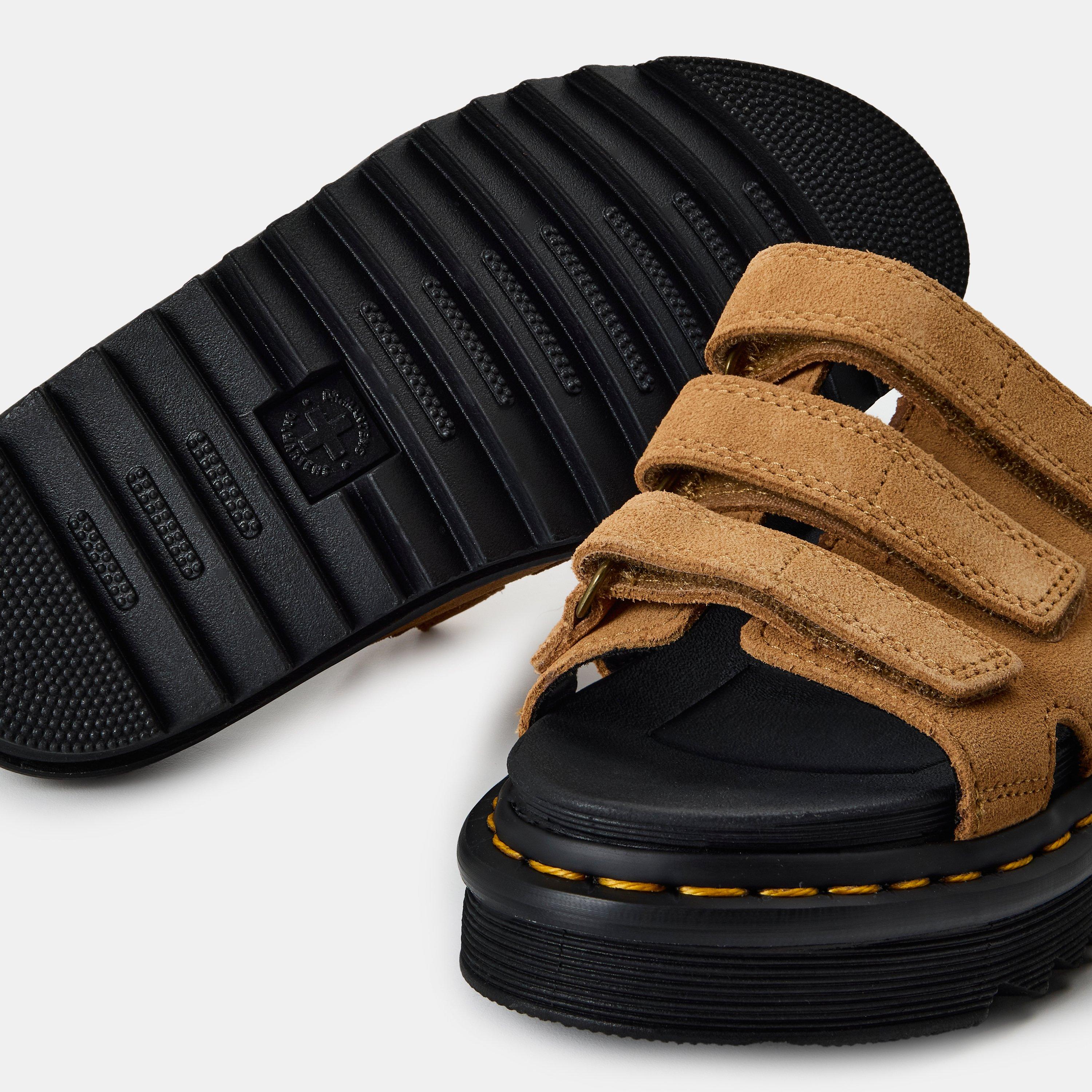 Tan VT - Dr Martens - Women's Raine Suede Slip On Flatform Sandals - 3