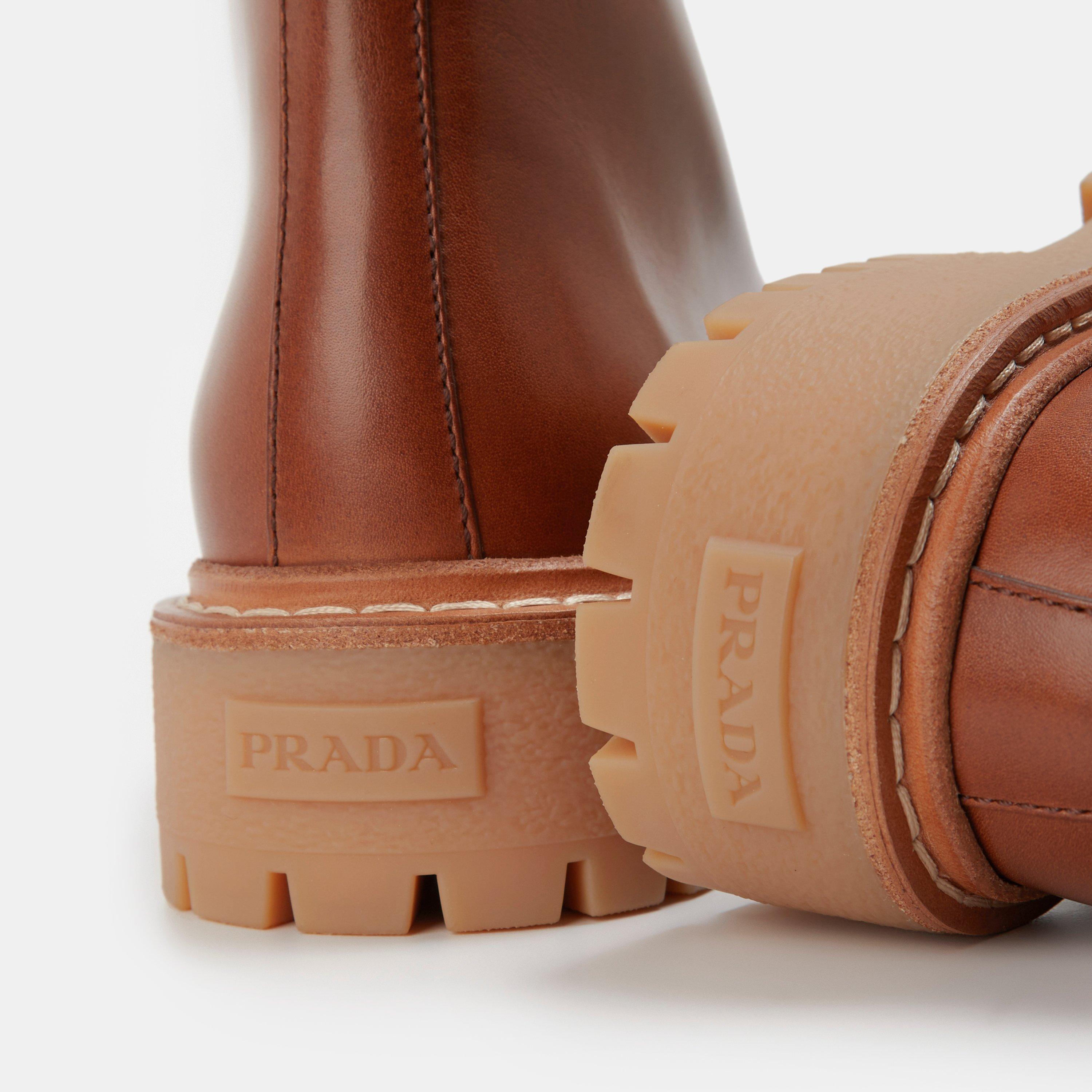 Cognac - Prada - Leather Lace-Up Boots - 4