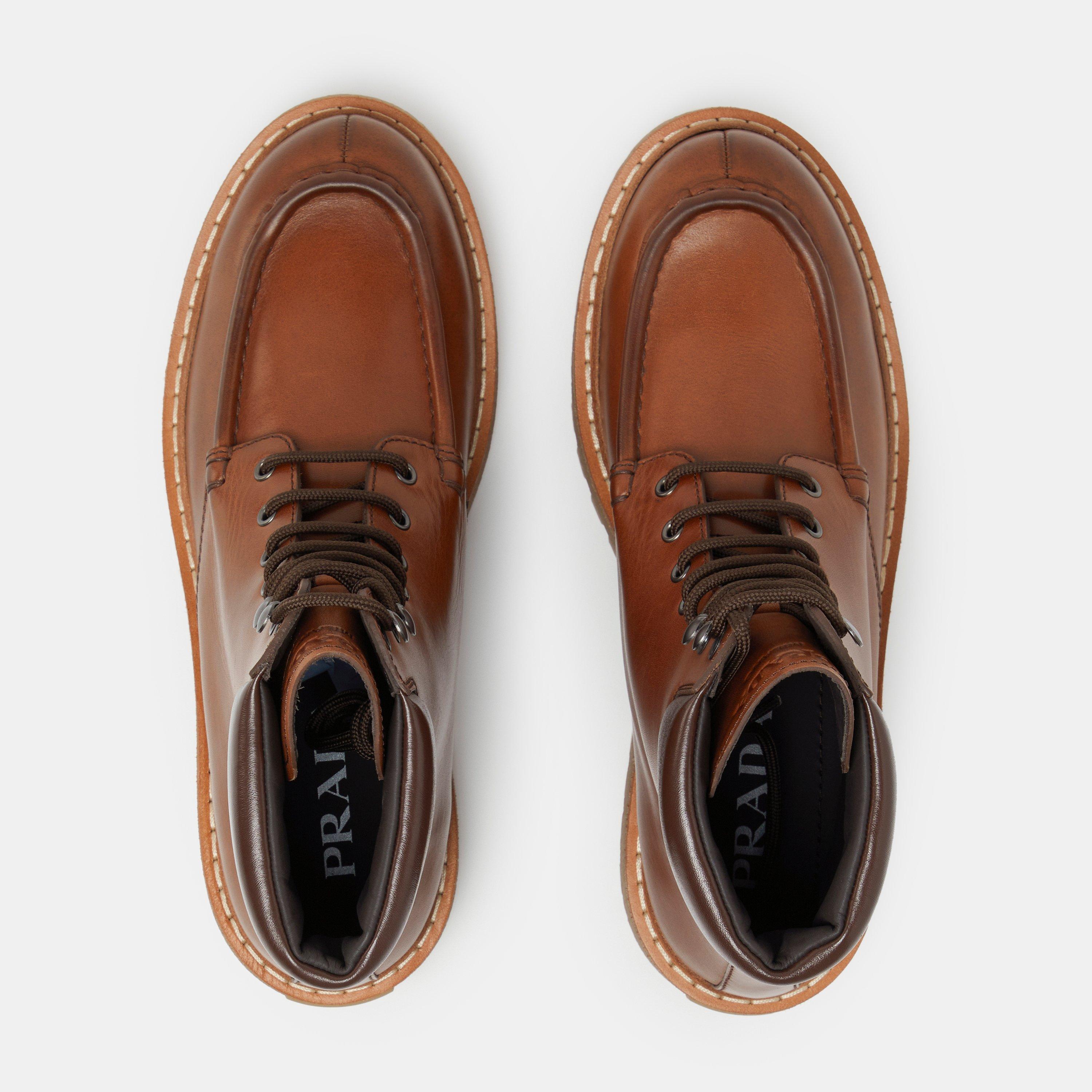 Cognac - Prada - Leather Lace-Up Boots - 5