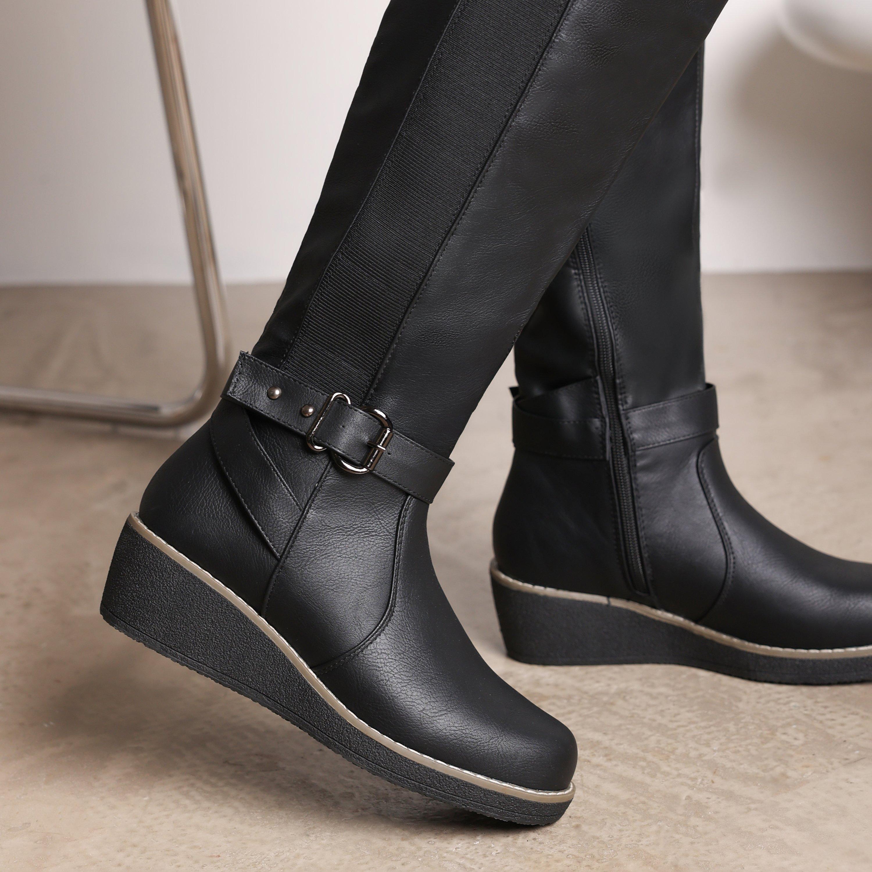 Black PU - Wheres That From - Wheres Knee High Wedge Boots With Strap And Buckle - 1