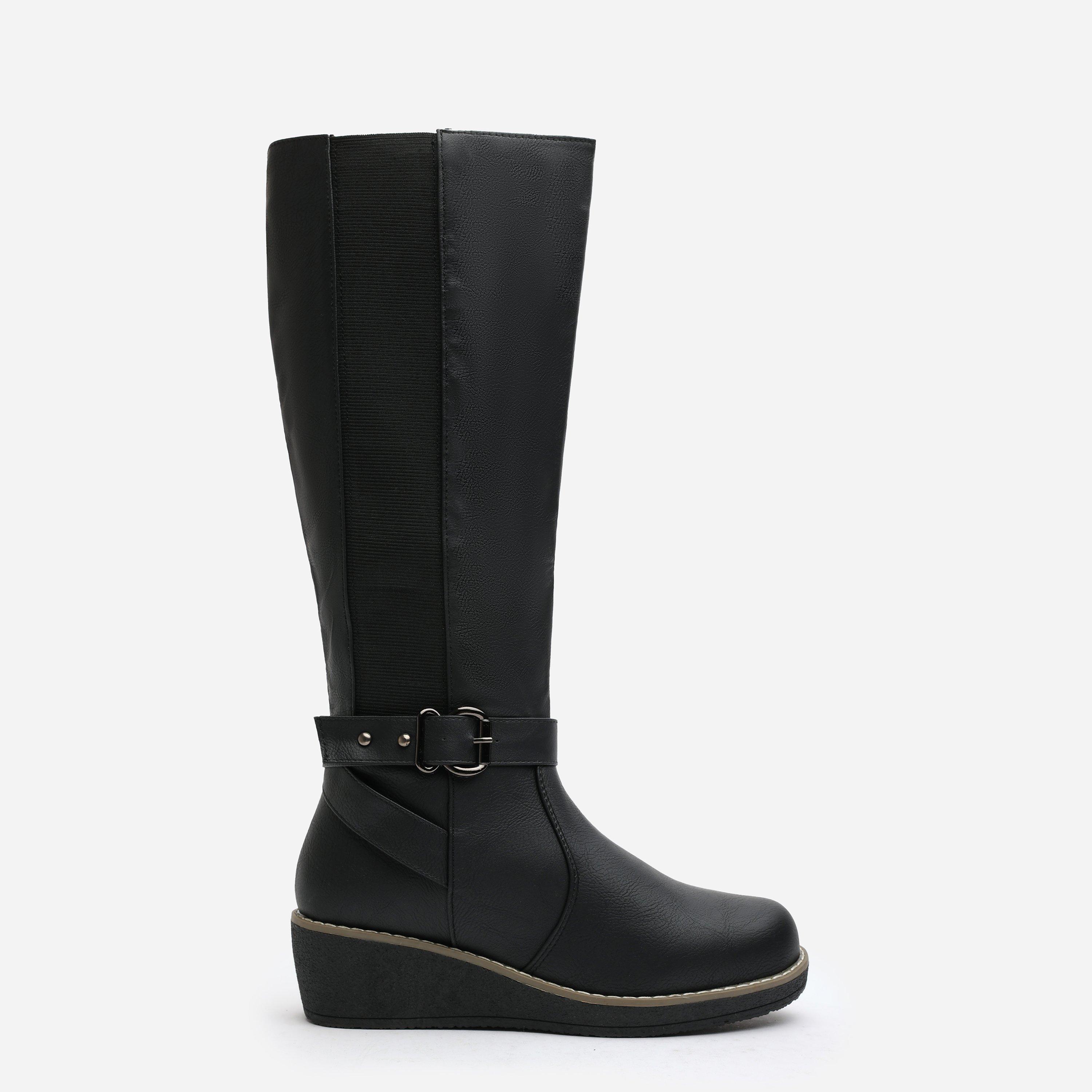 Black PU - Wheres That From - Knee High Wedge Boots With Strap And Buckle - 2
