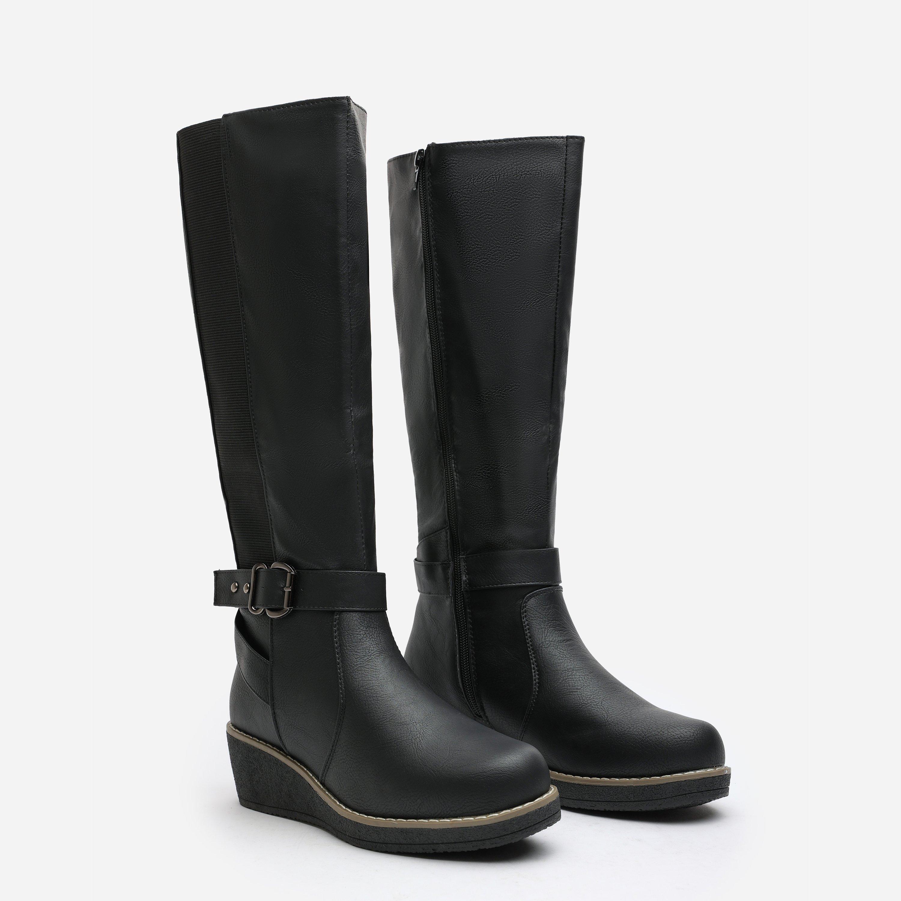 Black PU - Wheres That From - Knee High Wedge Boots With Strap And Buckle - 3