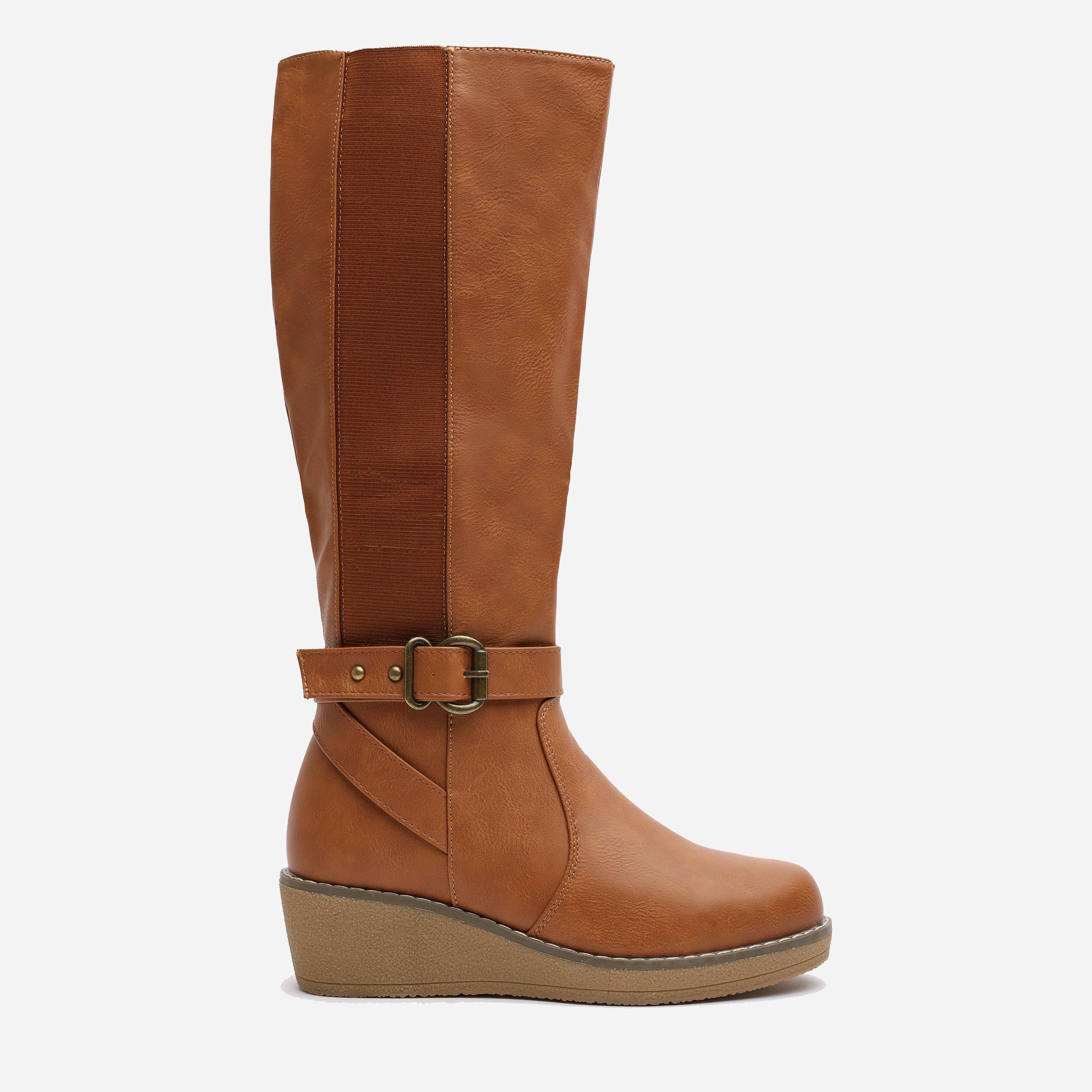 Tan PU - Wheres That From - Wheres Knee High Wedge Boots With Strap And Buckle - 2