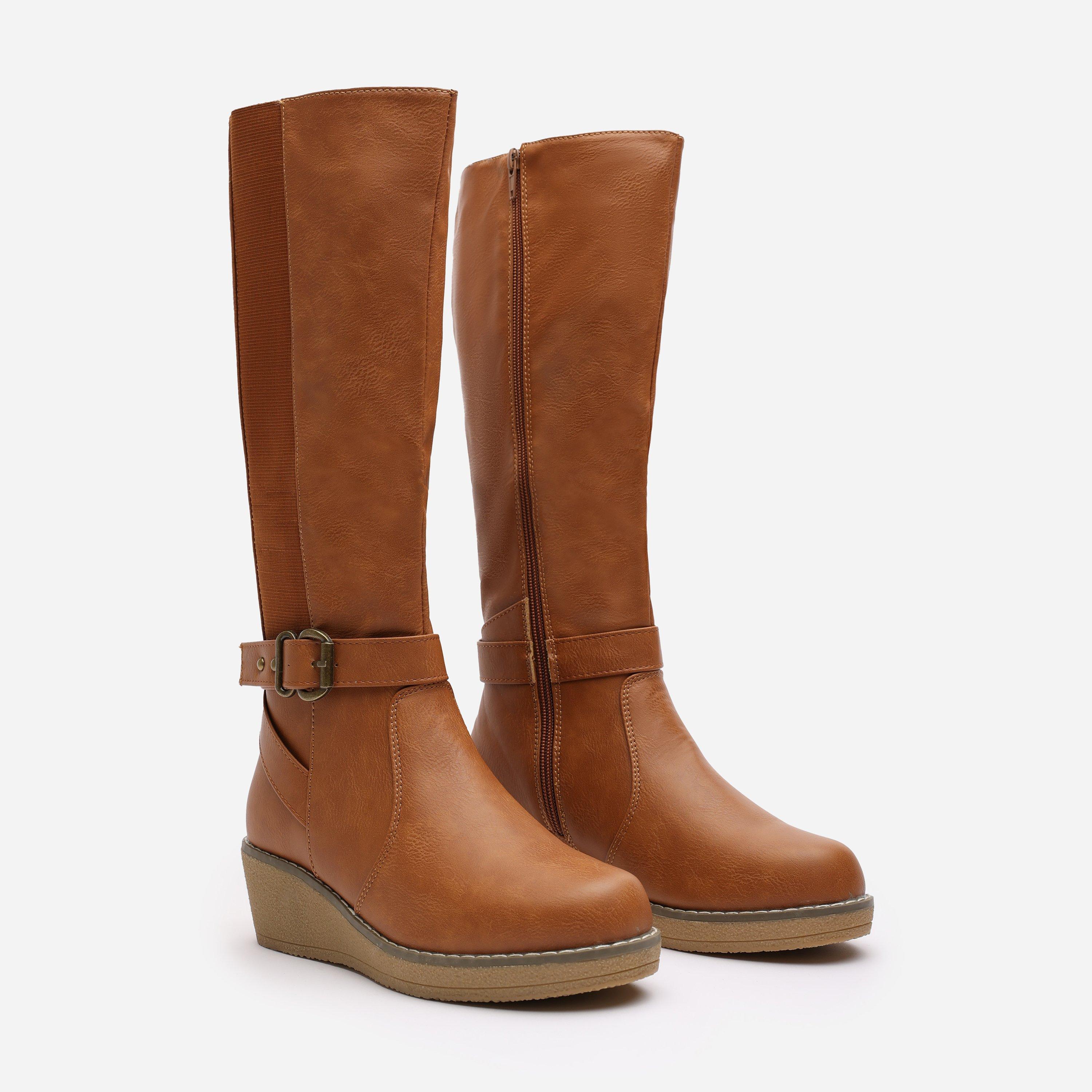 Tan PU - Wheres That From - Wheres Knee High Wedge Boots With Strap And Buckle - 3