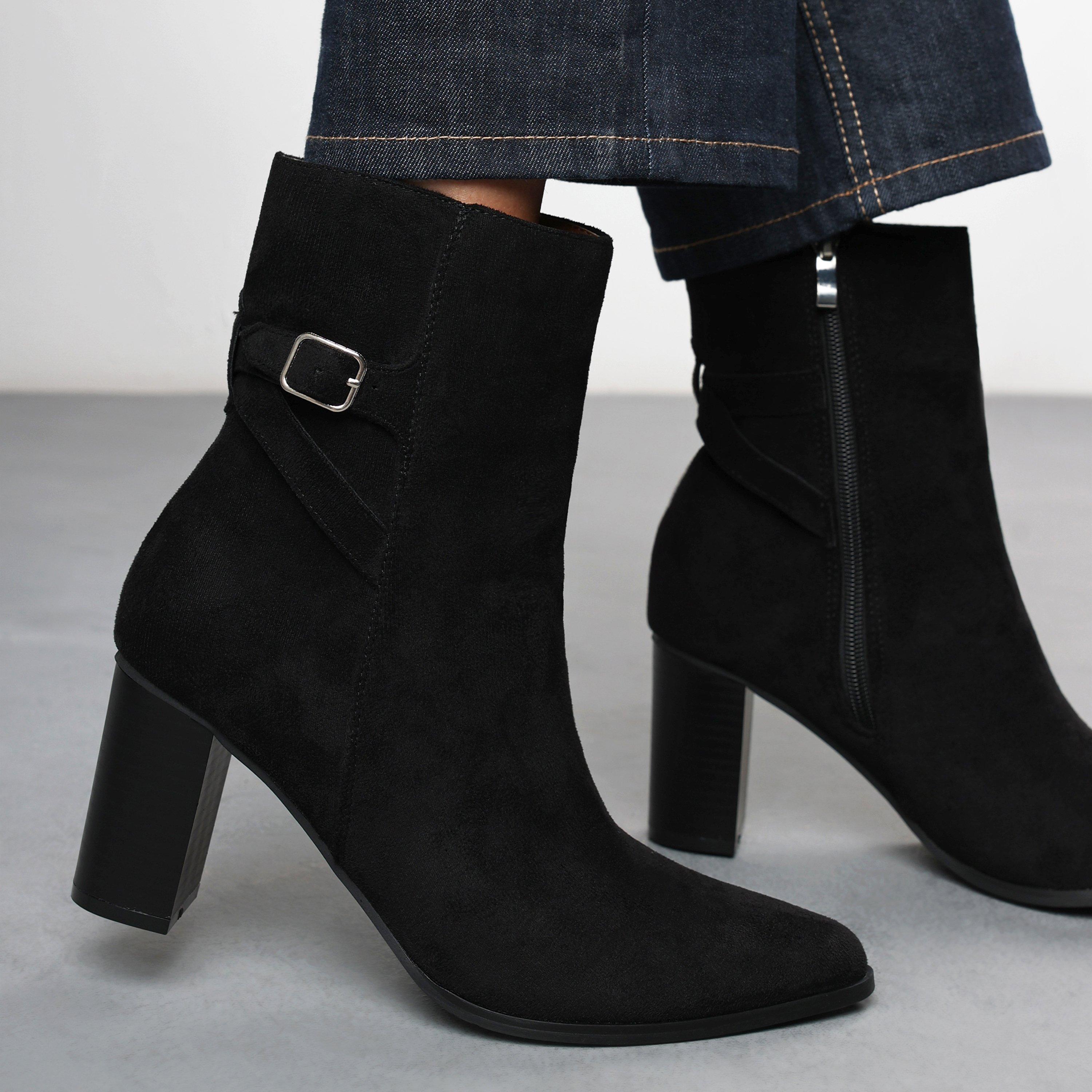 Black Suede - Wheres That From - Wheres Block Heel Boot with Buckle Detail - 1