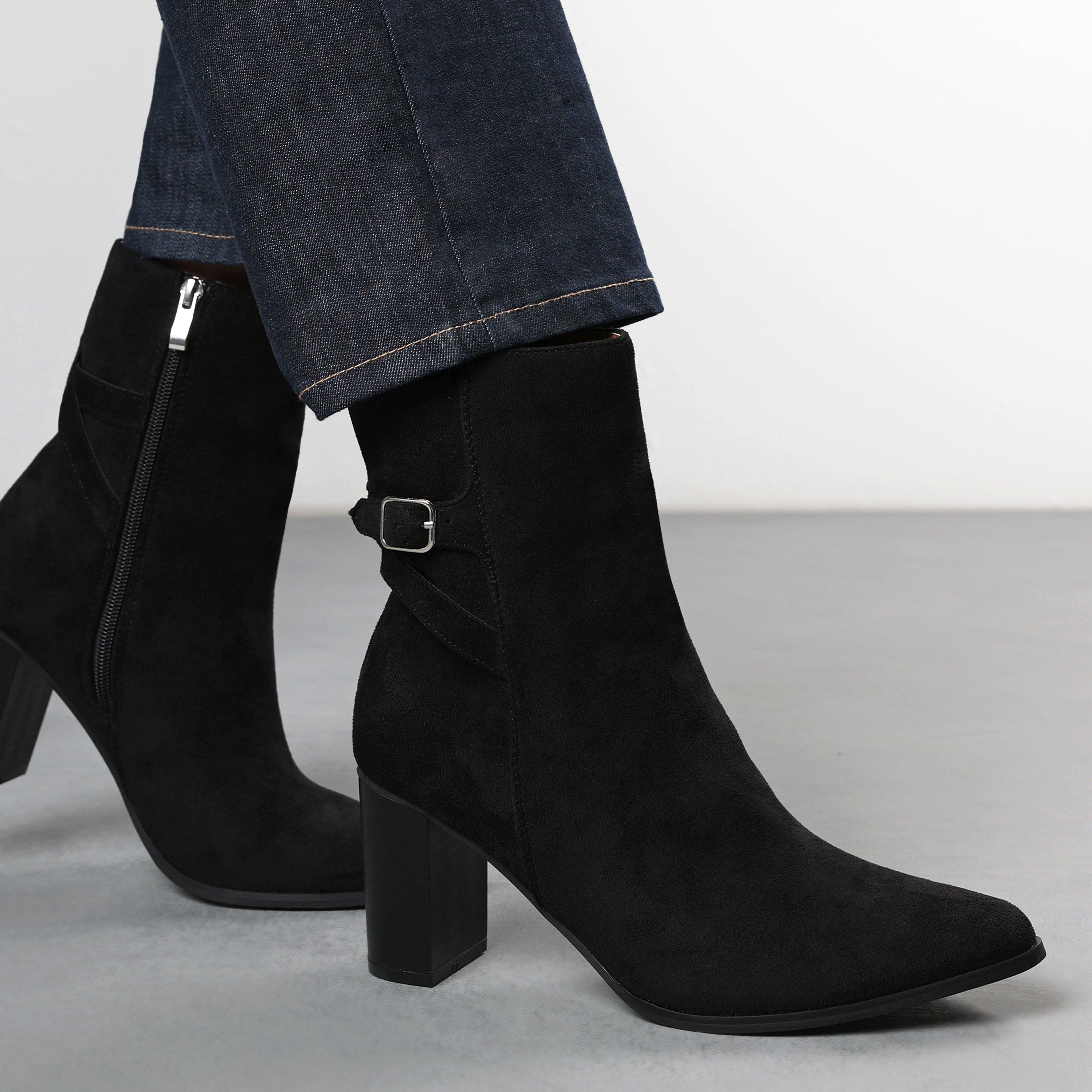 Black Suede - Wheres That From - Block Heel Boot with Buckle Detail - 2