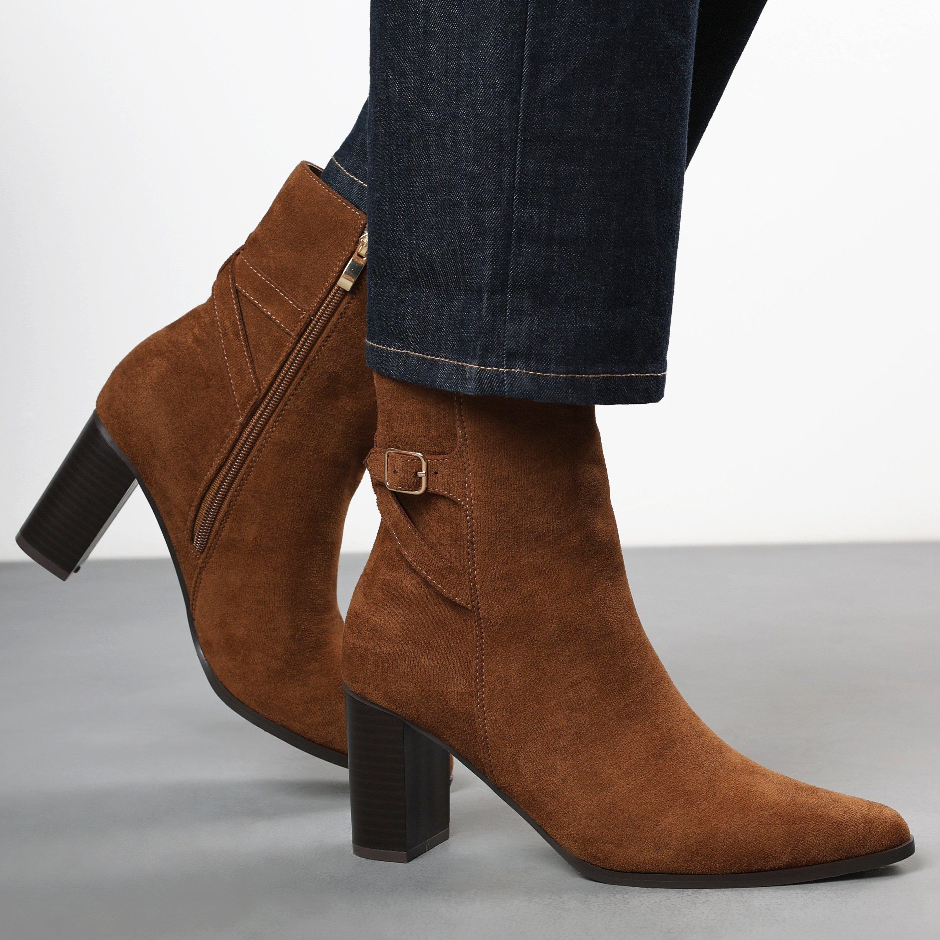Wheres That From Women's Wheres Block Heel Boot With Buckle Detail - Cognac Ly Suede - 4 (37)