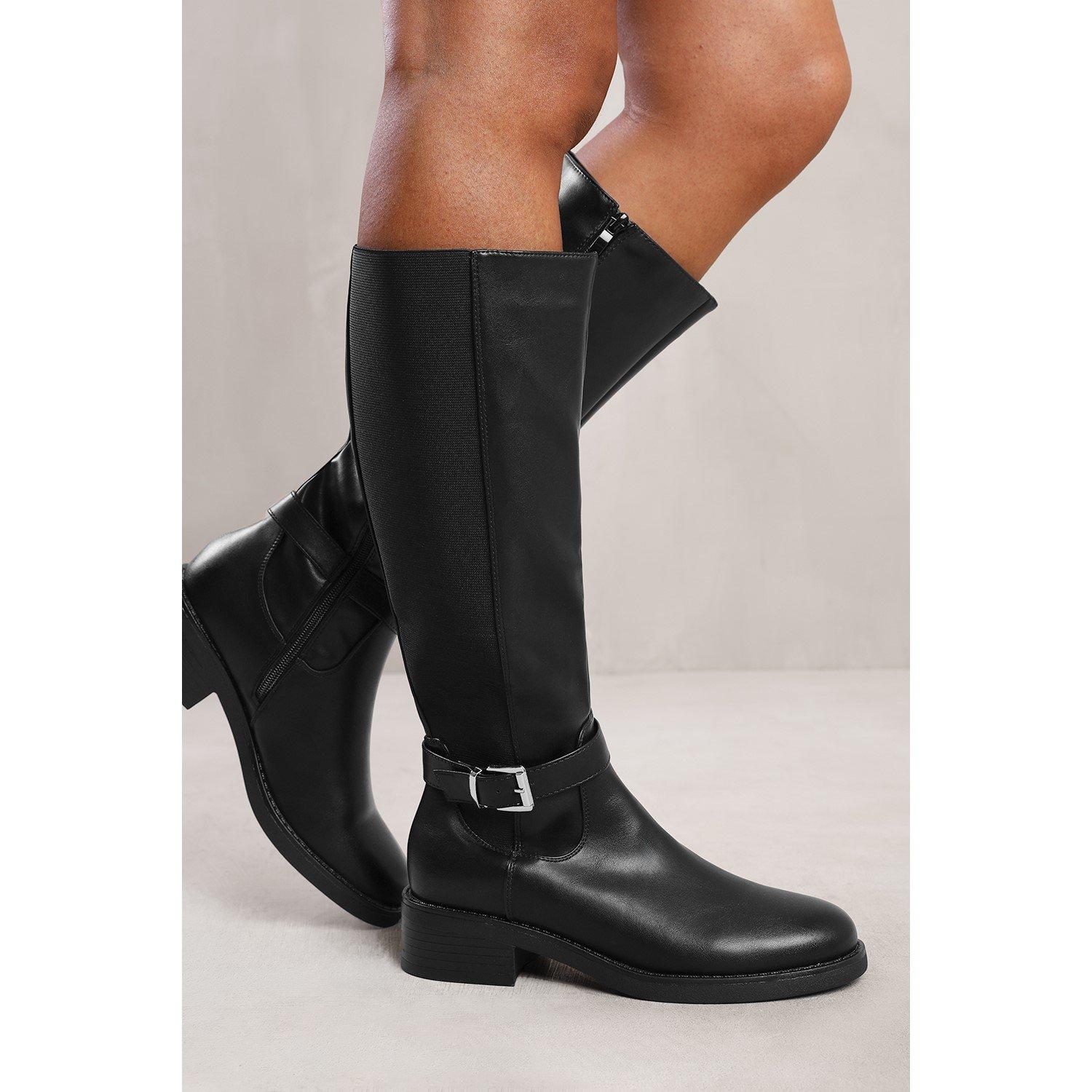 Wheres That From Women's Wheres Knee High Riding Boots With Side Buckle Strap - Black Pu - 8 (41)