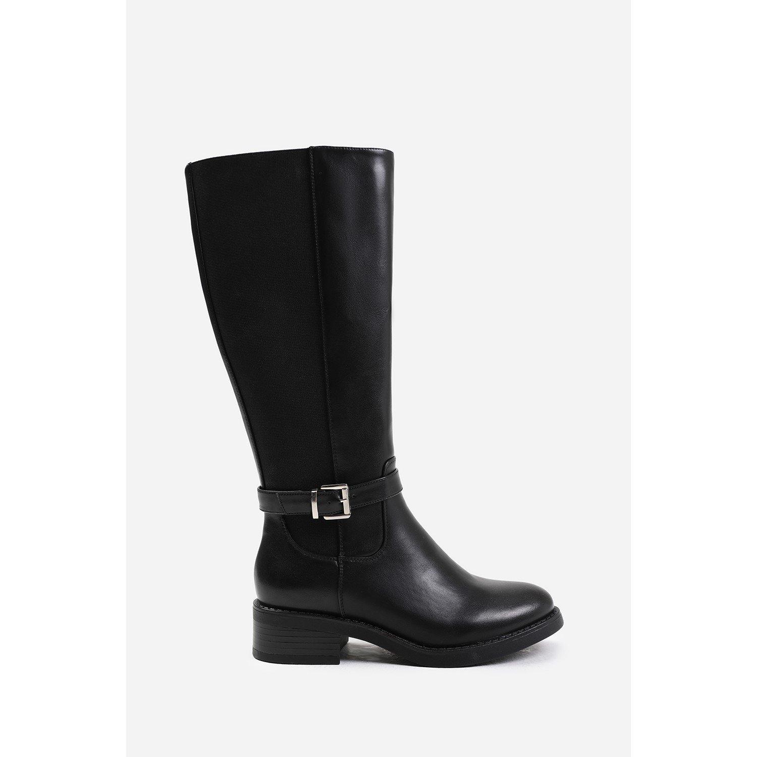 Black PU - Wheres That From - Knee High Riding Boots With Side Buckle Strap - 2