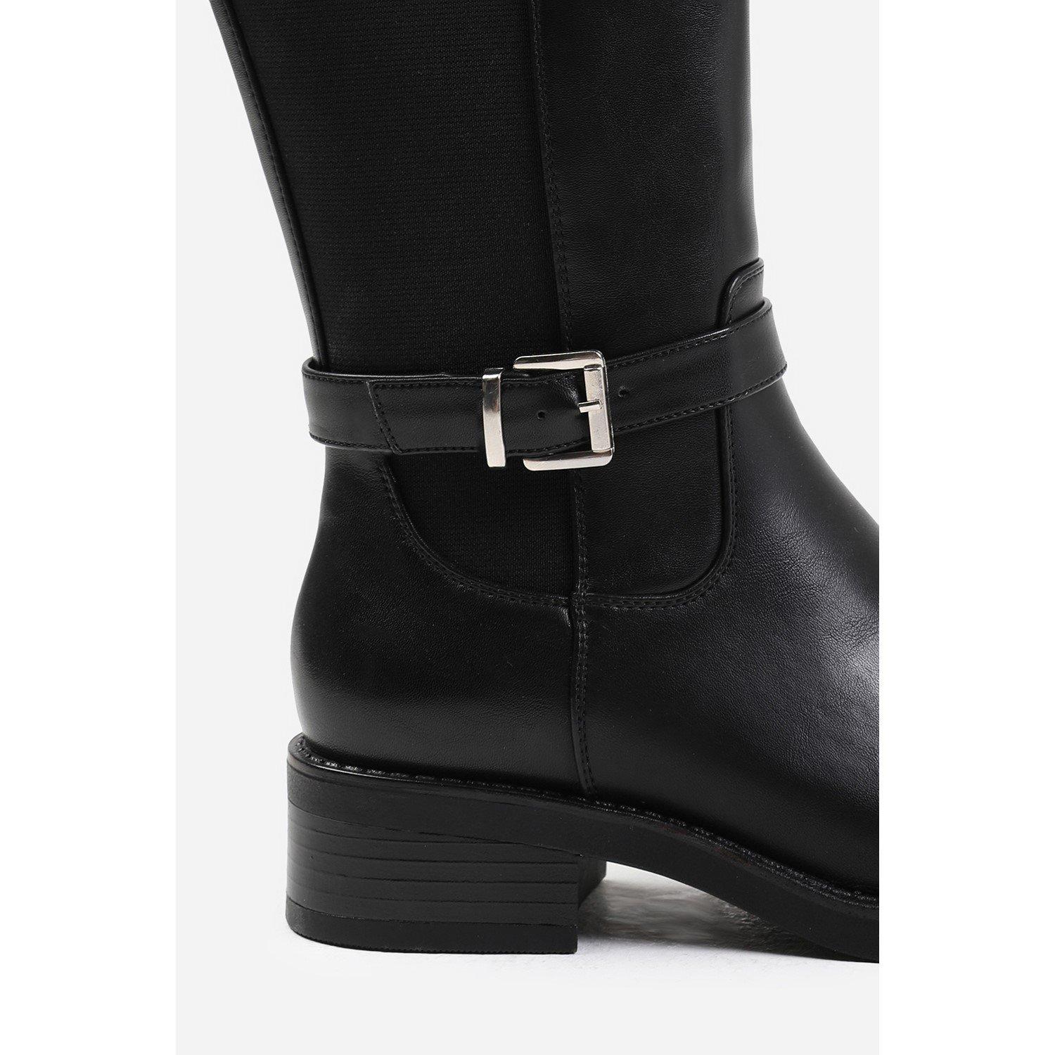 Black PU - Wheres That From - Knee High Riding Boots With Side Buckle Strap - 3