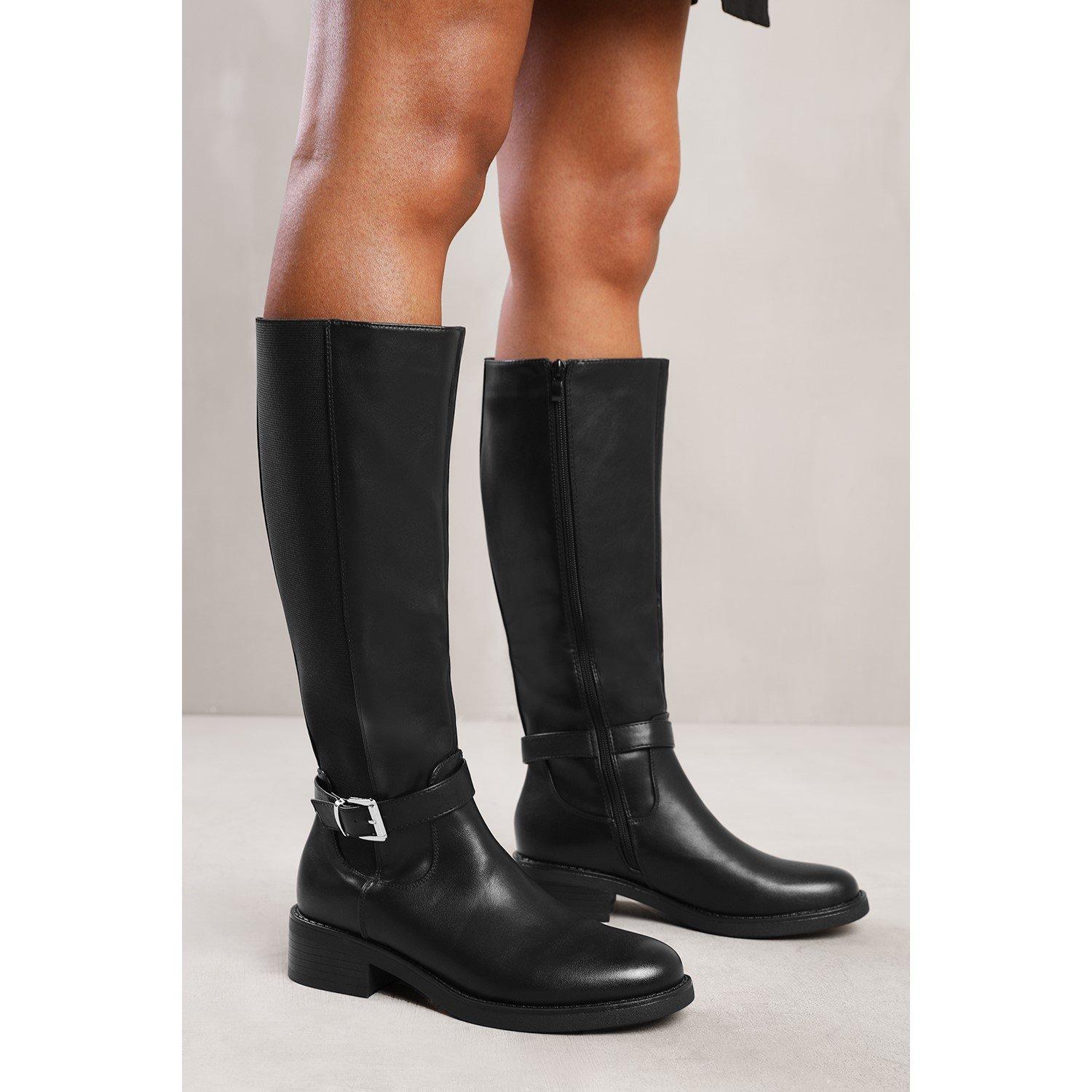 Black PU - Wheres That From - Knee High Riding Boots With Side Buckle Strap - 4