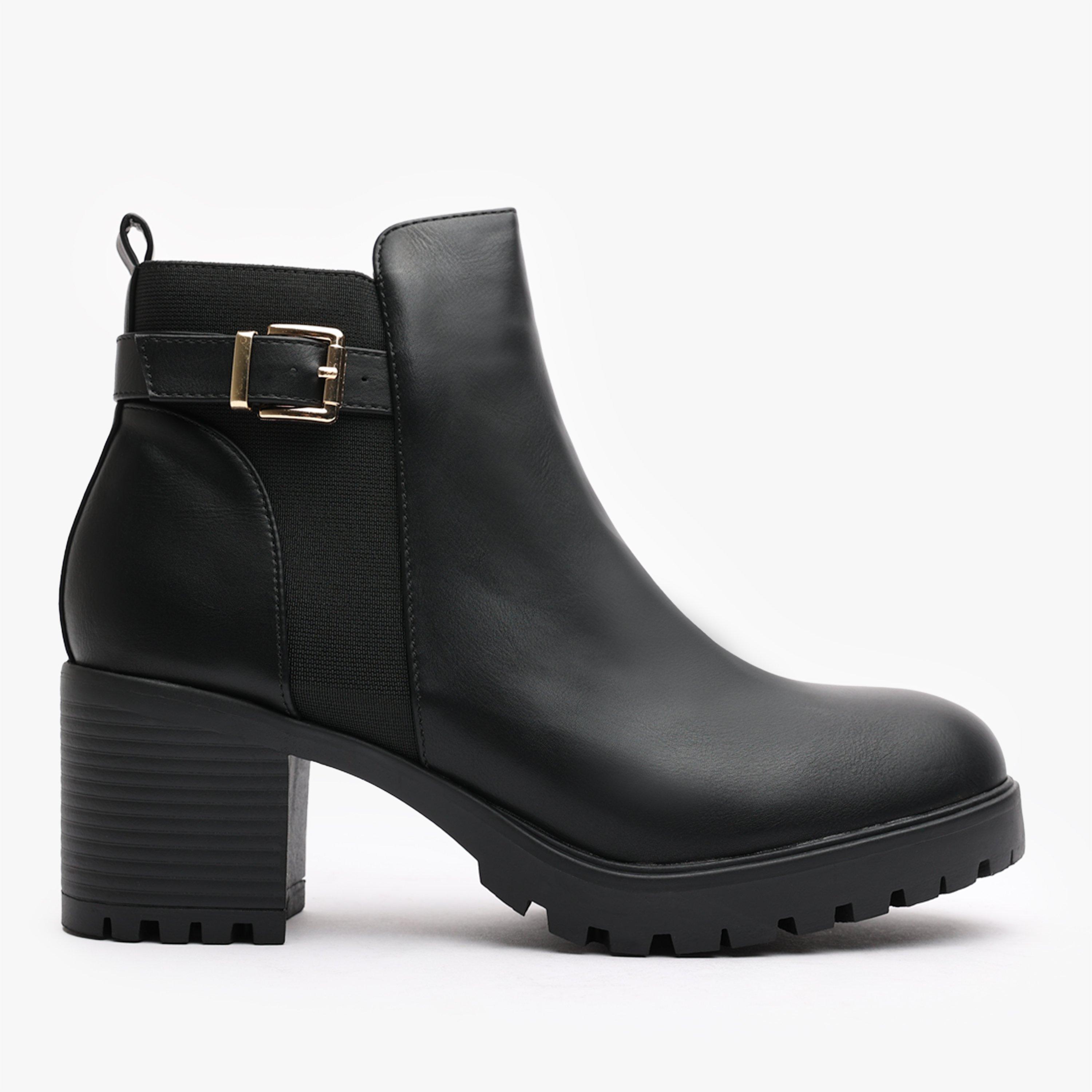 Black PU - Wheres That From - Chunky Heel Ankle Boots with Buckle - 2