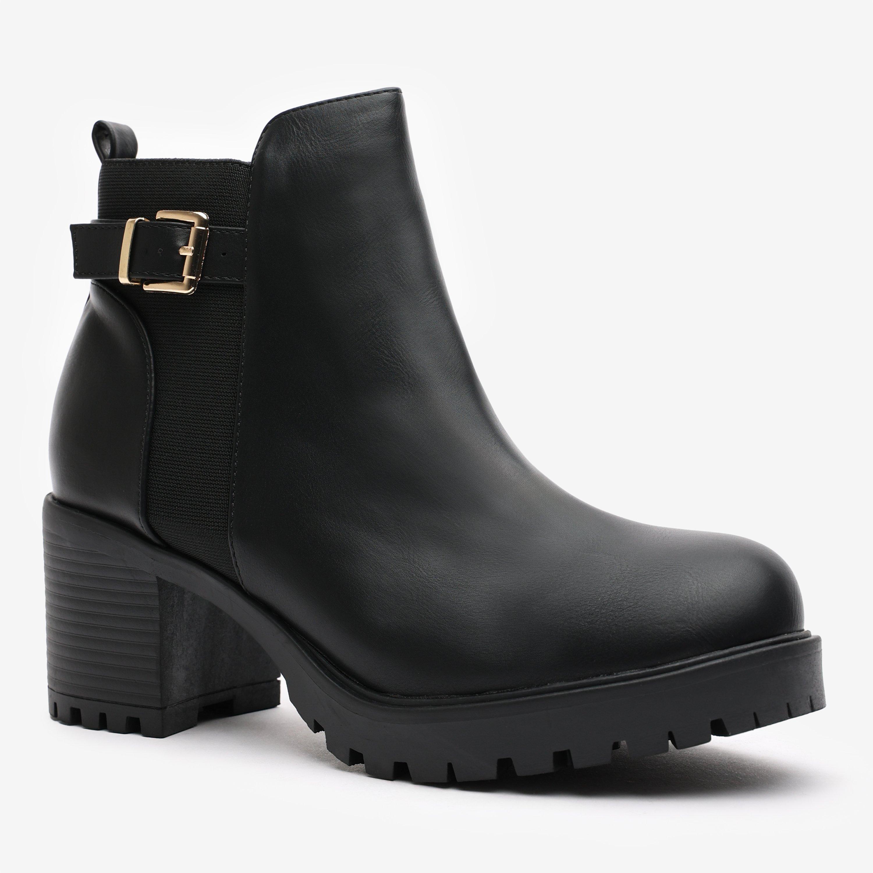Black PU - Wheres That From - Chunky Heel Ankle Boots with Buckle - 3
