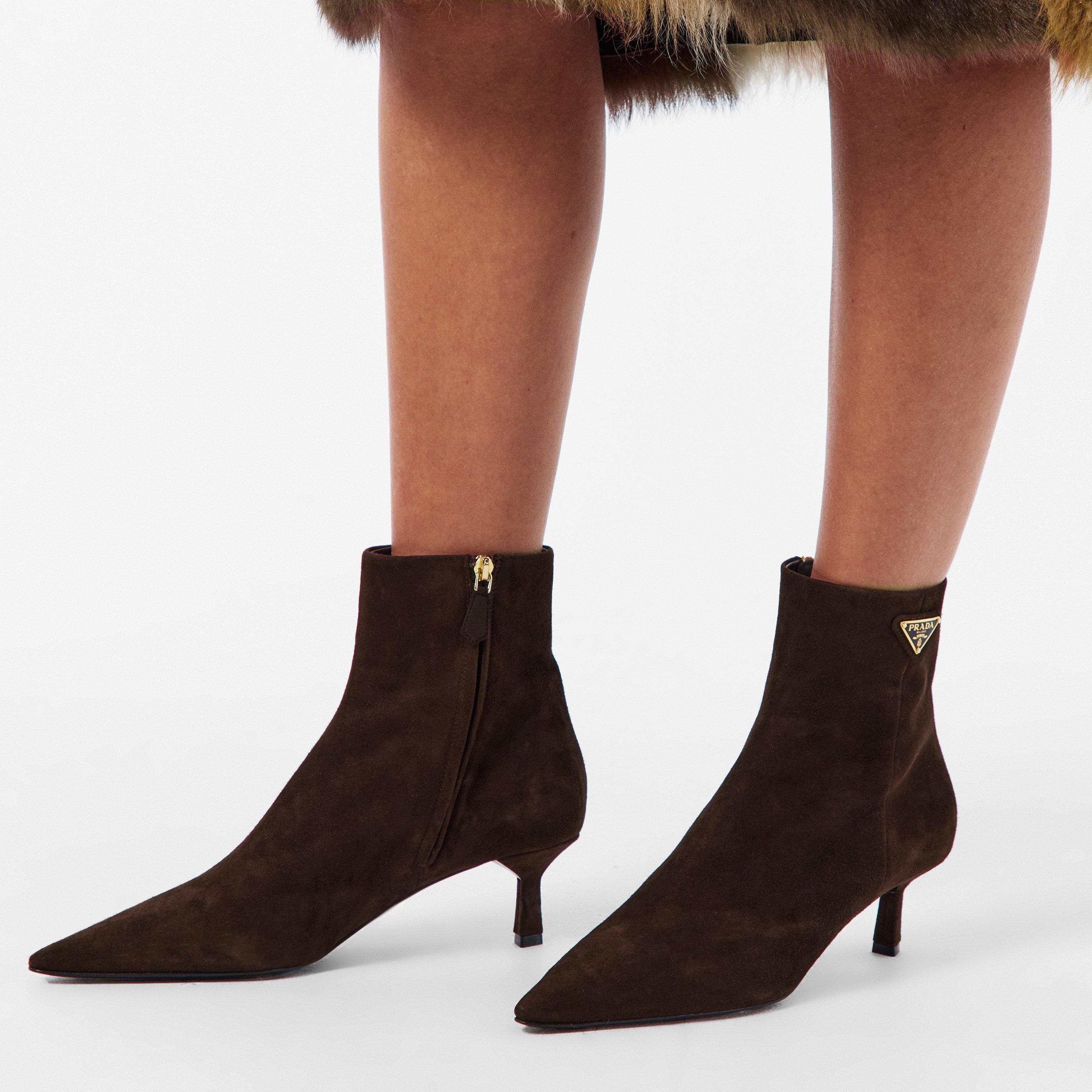 Brown Suede - Prada - Women's Pointed Ankle Heeled Boots - 3