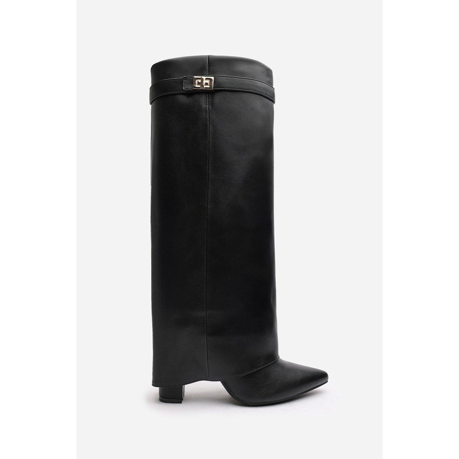Black PU - Wheres That From - Where’s Fold Over Shark Block Heel Point Toe Boots - 2