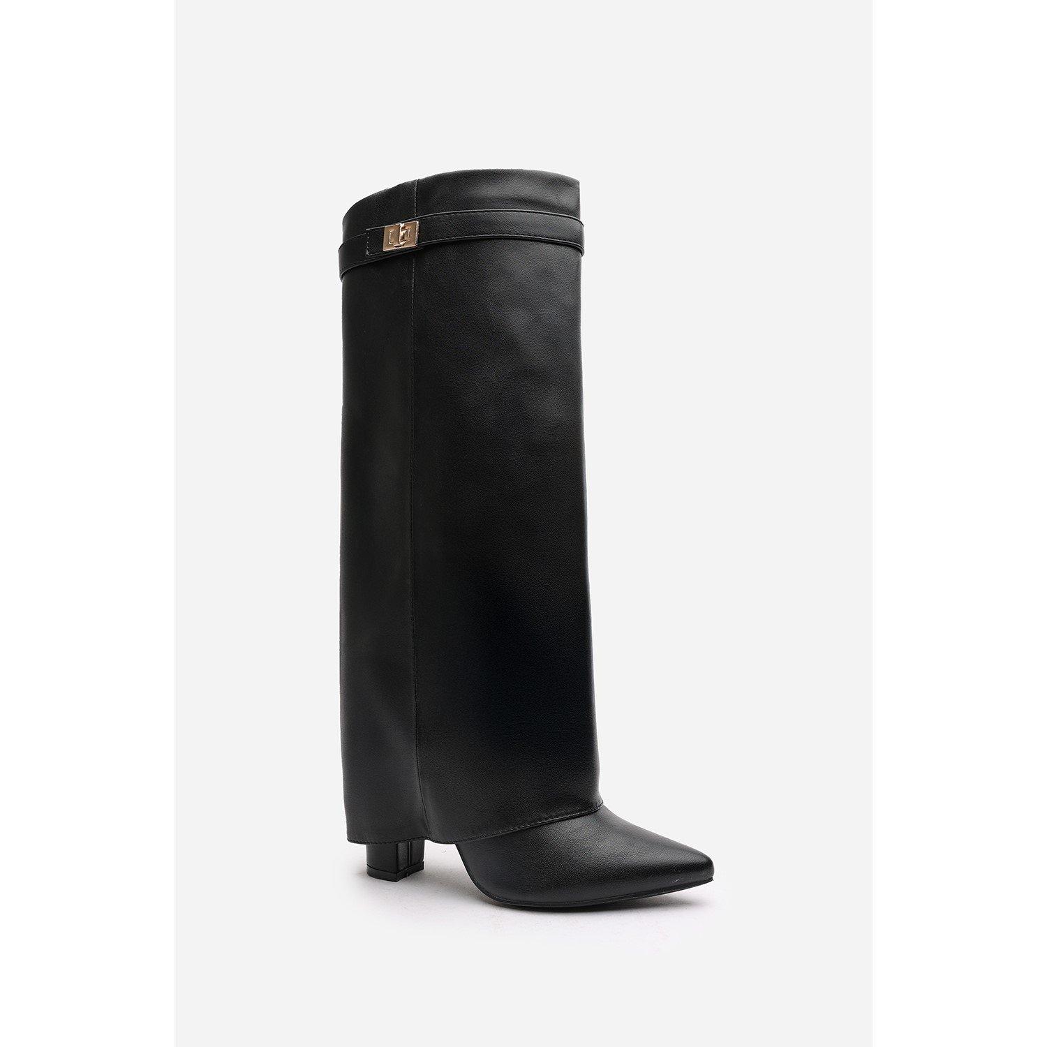 Black PU - Wheres That From - Where’s Fold Over Shark Block Heel Point Toe Boots - 3