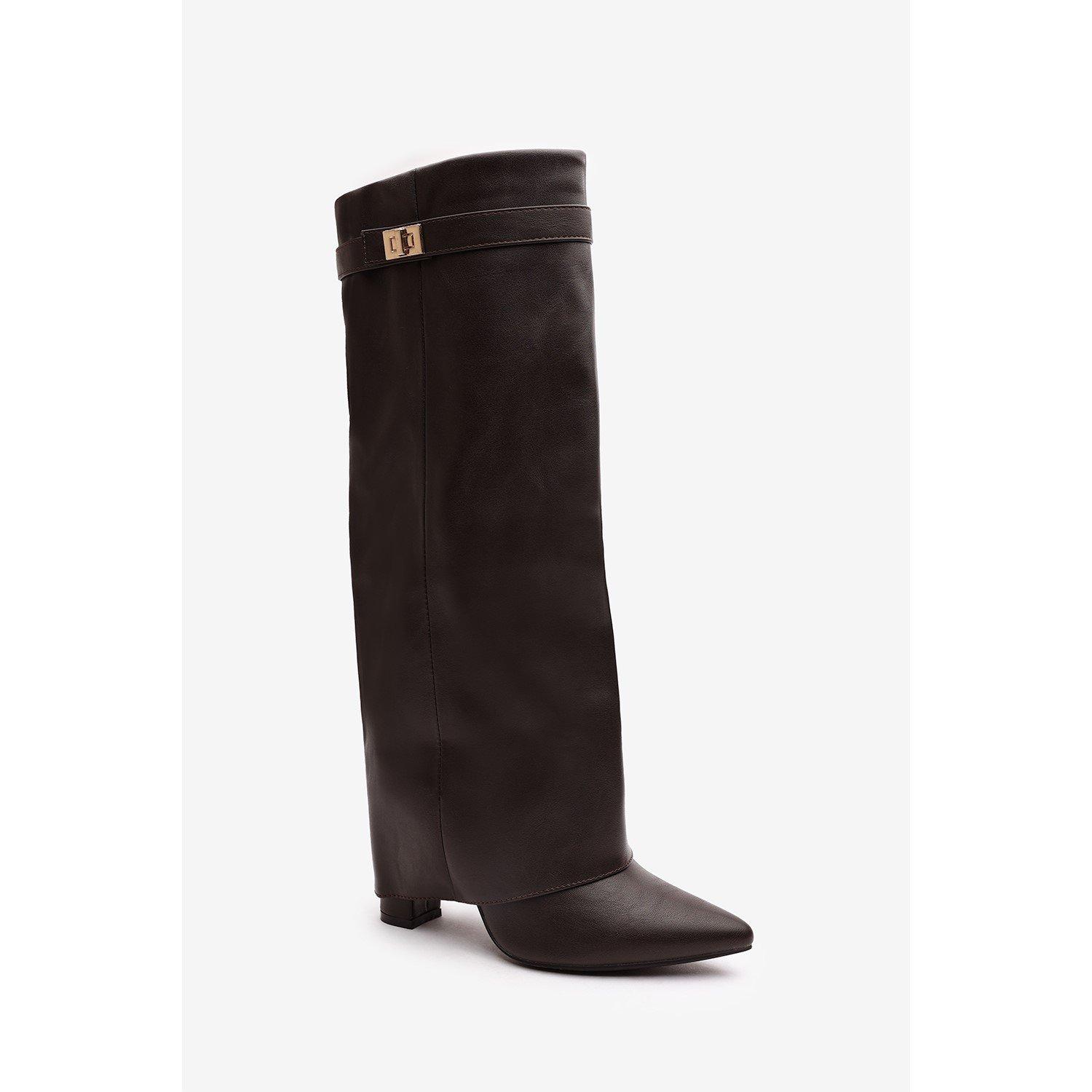 Braunes PU - Wheres That From - Where’s Fold Over Shark Block Heel Point Toe Boots - 3