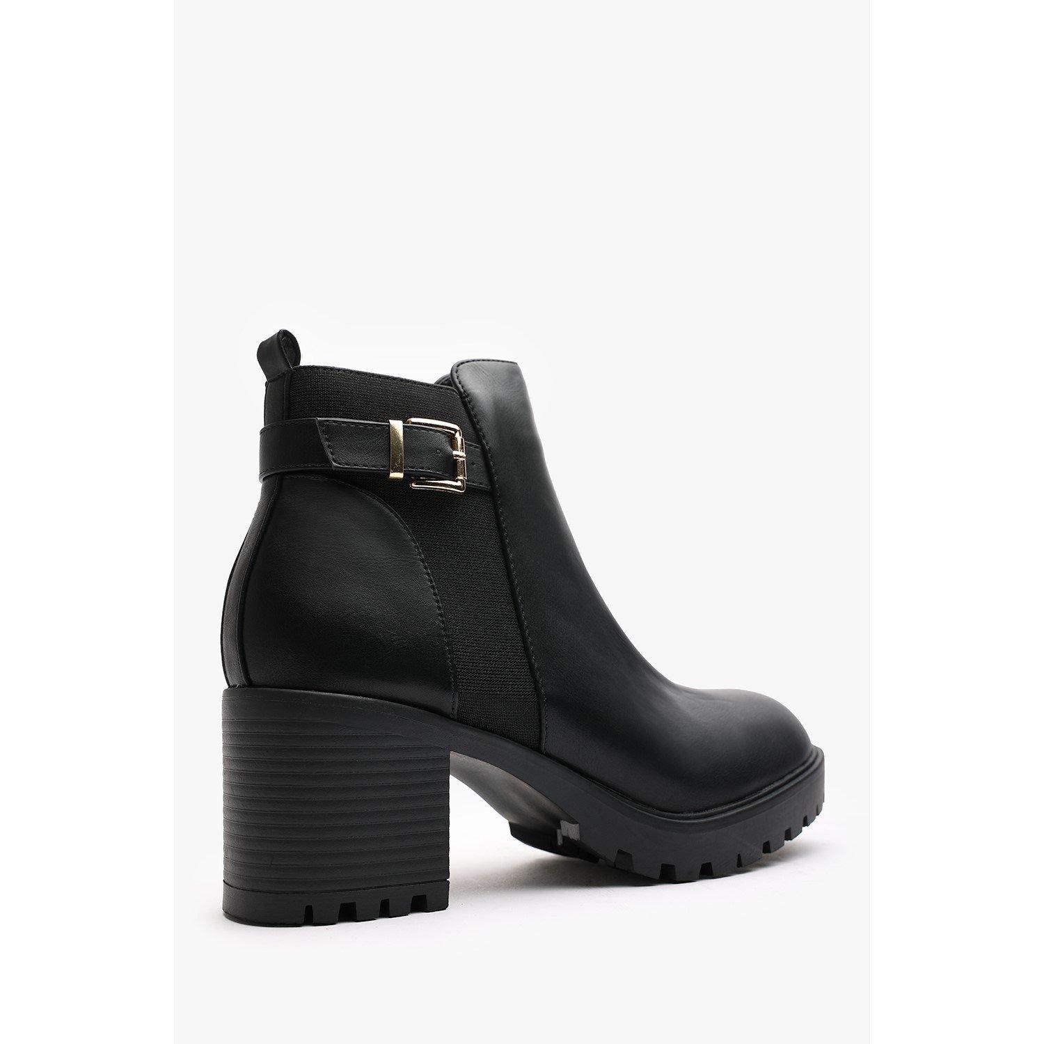Black PU - Wheres That From - Where’s Chunky Heel Ankle Boots with Buckle - 6