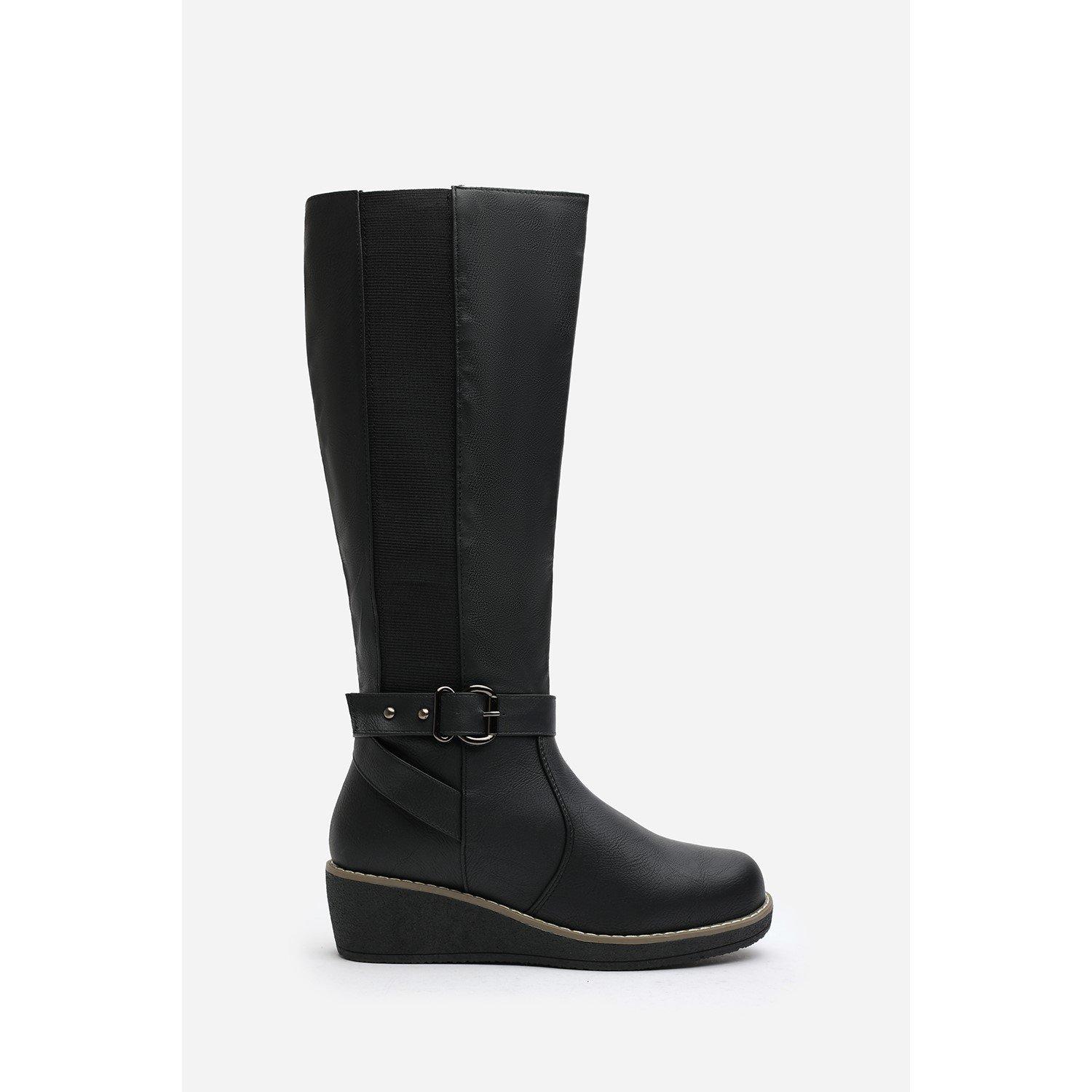 Black PU - Wheres That From - Where’s Knee High Wedge Boots With Strap And Buckle - 2