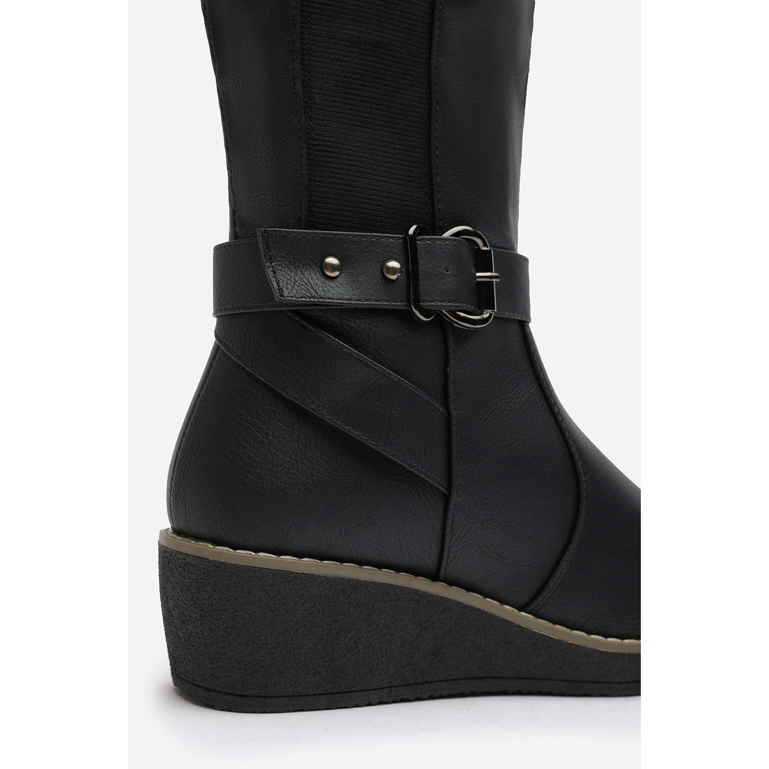 Black PU - Wheres That From - Where’s Knee High Wedge Boots With Strap And Buckle - 4