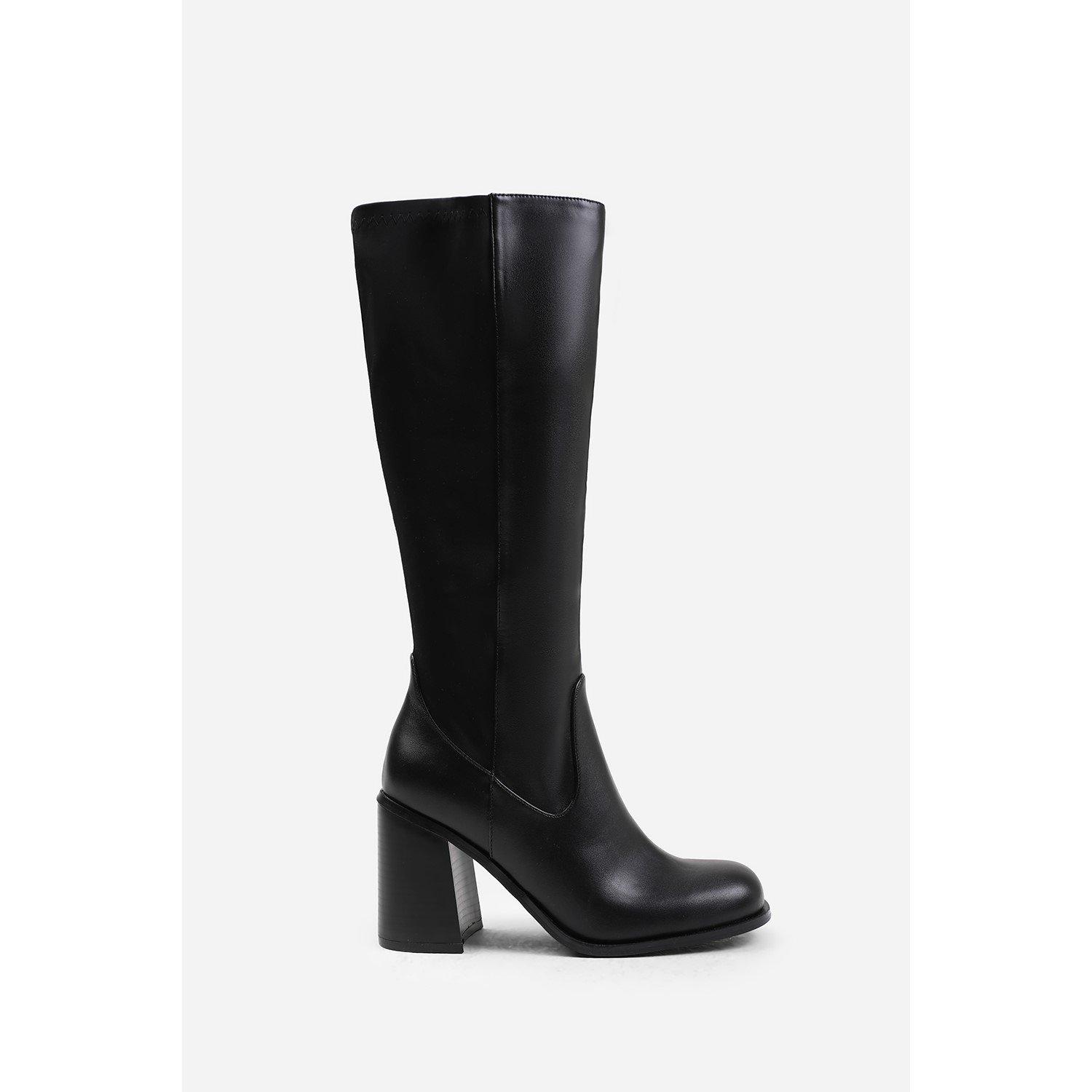 Black PU - Wheres That From - Where’s Knee High Stretch Boots with Block Heel Zip - 2