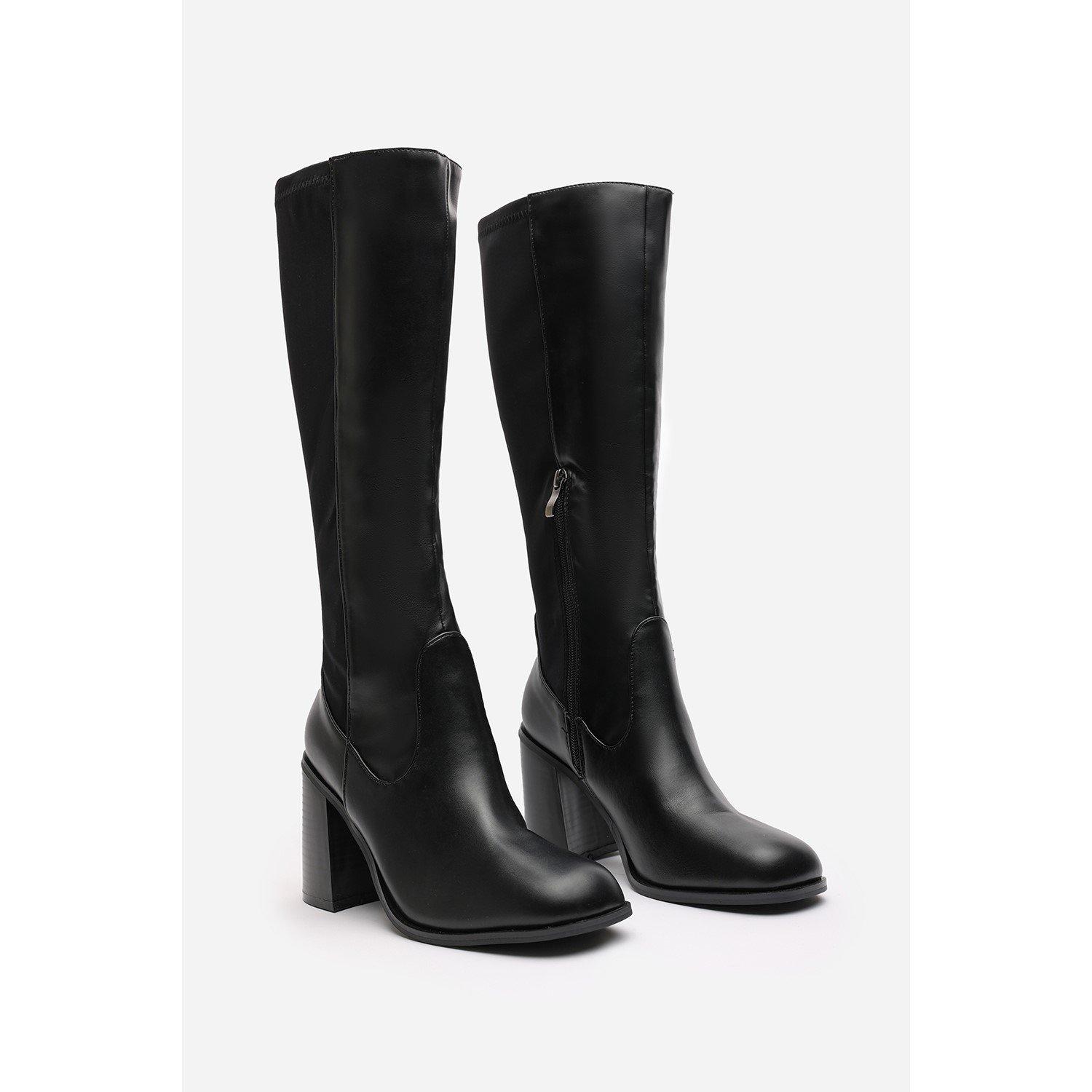 Black PU - Wheres That From - Where’s Knee High Stretch Boots with Block Heel Zip - 3