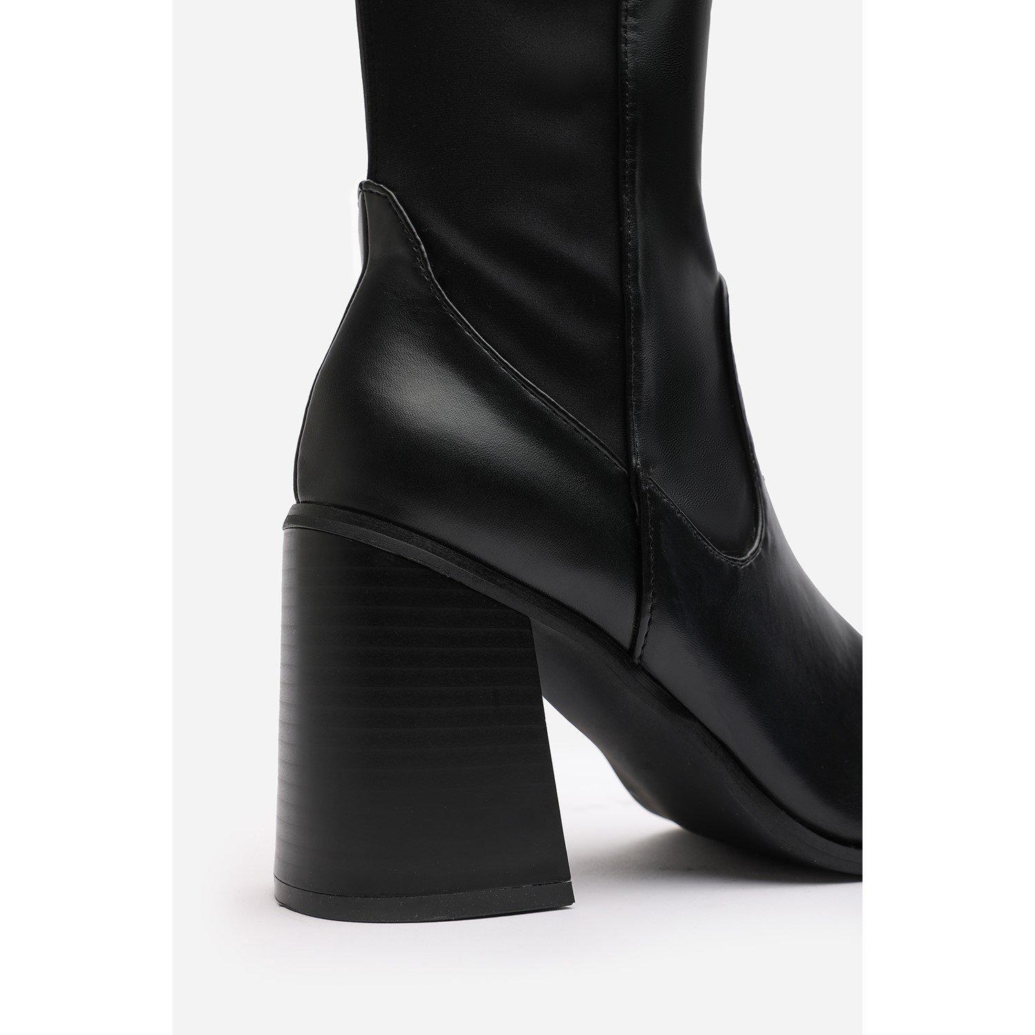 Black PU - Wheres That From - Where’s Knee High Stretch Boots with Block Heel Zip - 4