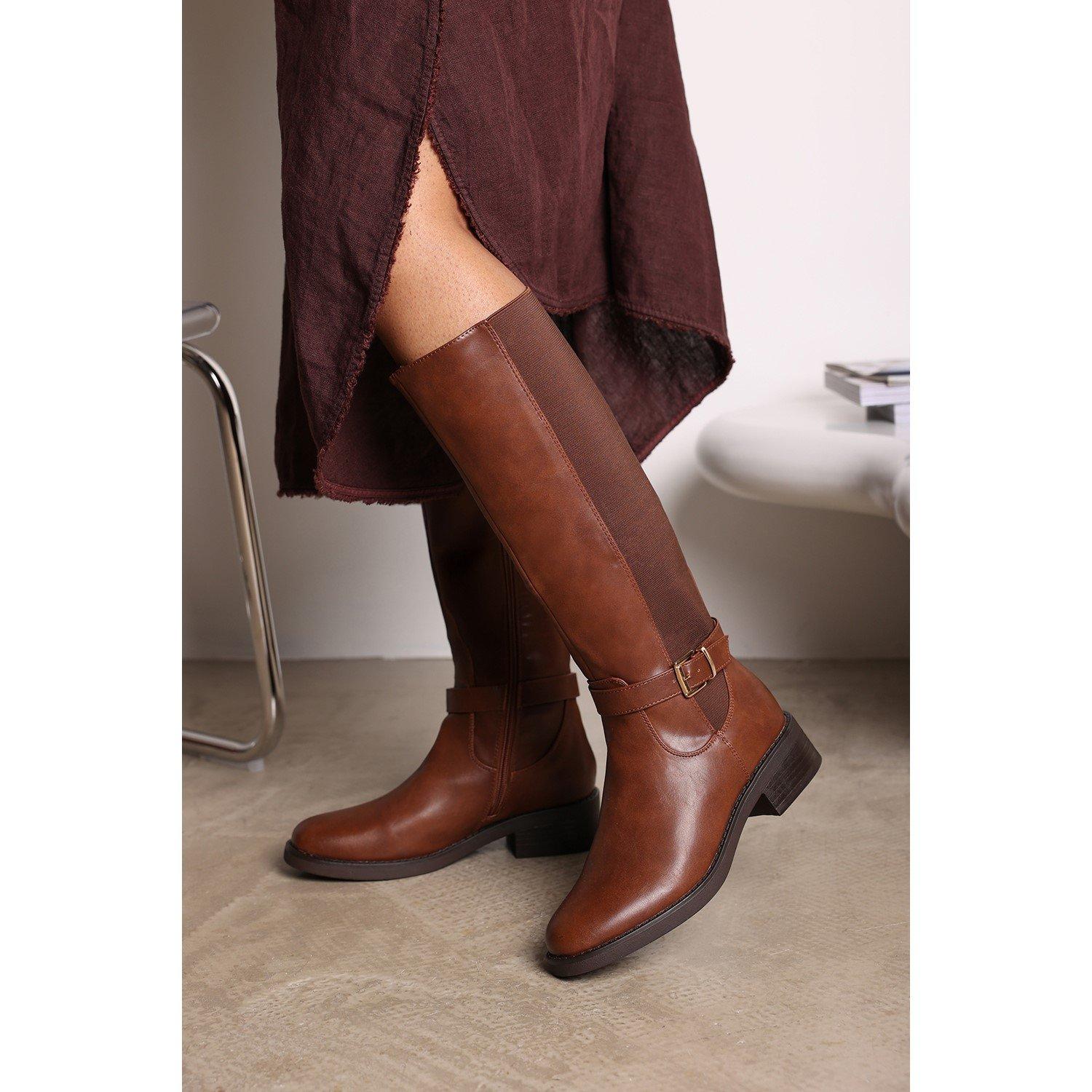 Brown PU - Wheres That From - Where’s Knee High Boots with Buckle Detail - 5