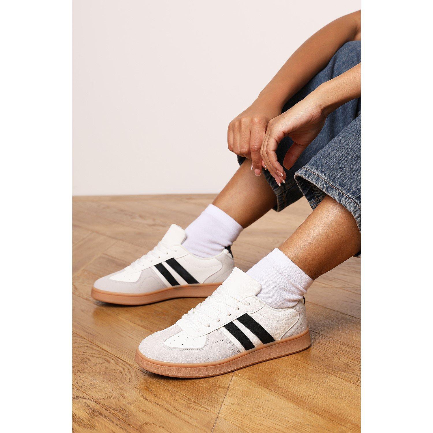 White/Grey - Wheres That From - Classic Retro lace up trainer with black stripes - 1