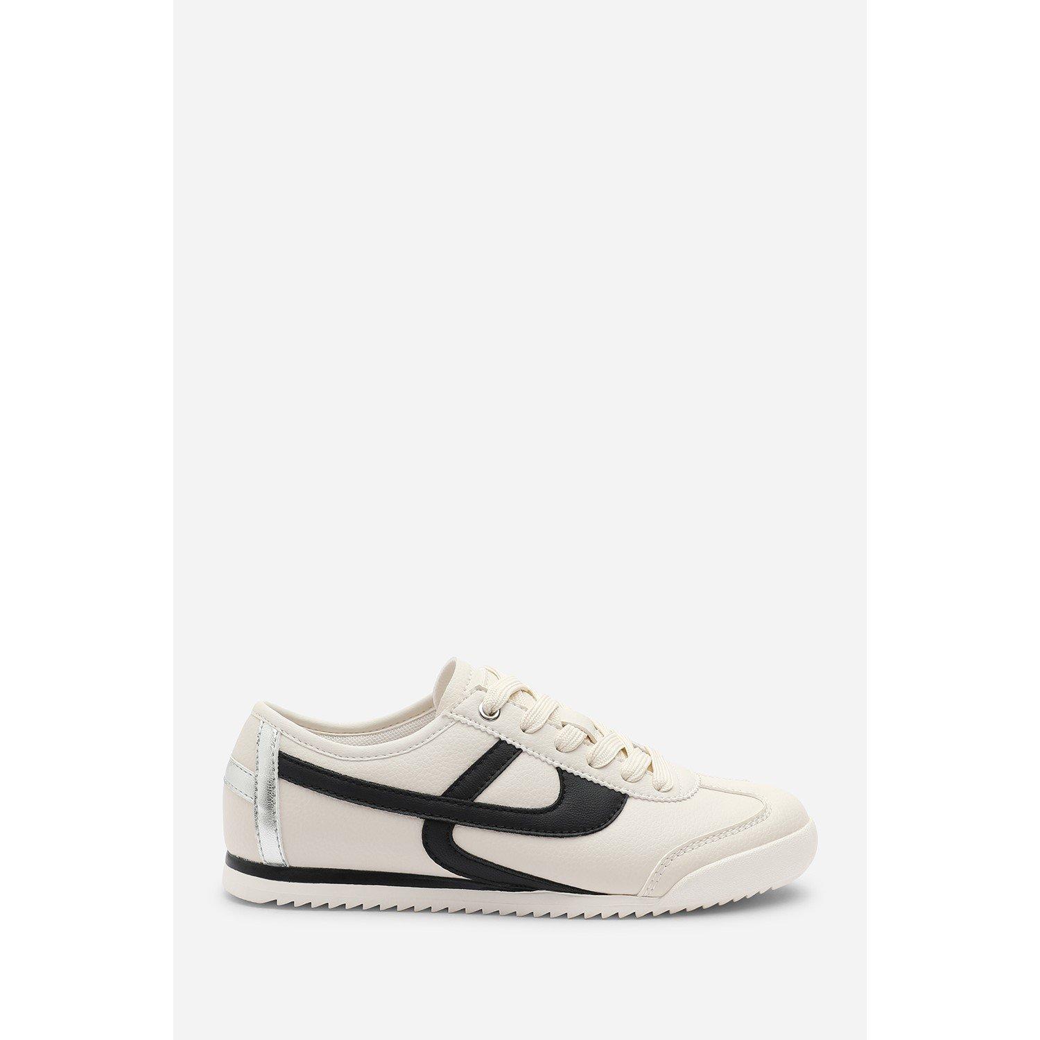 Beige/Black - Wheres That From - Court Lace up Trainer with Stripe detail - 2