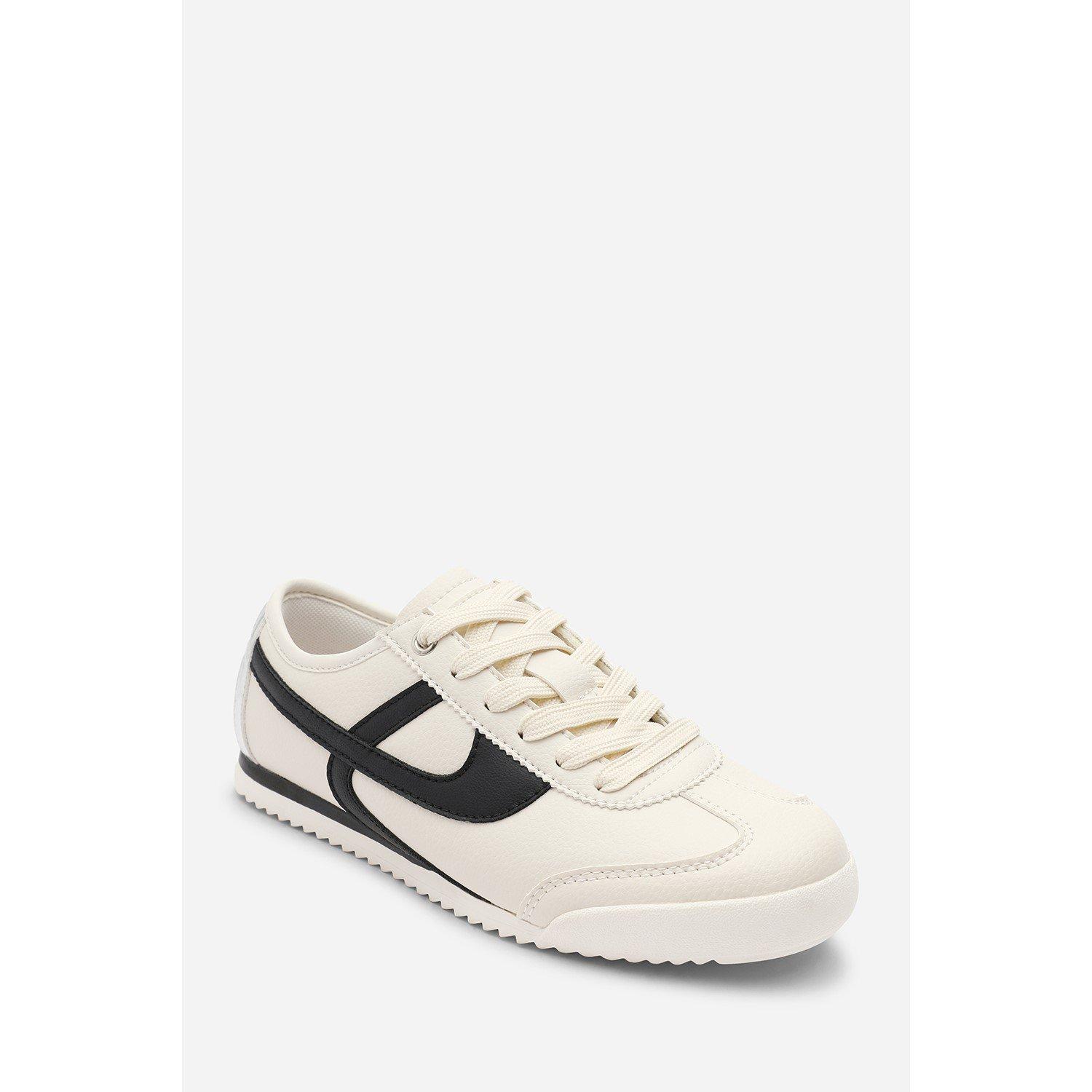 Beige/Black - Wheres That From - Court Lace up Trainer with Stripe detail - 3