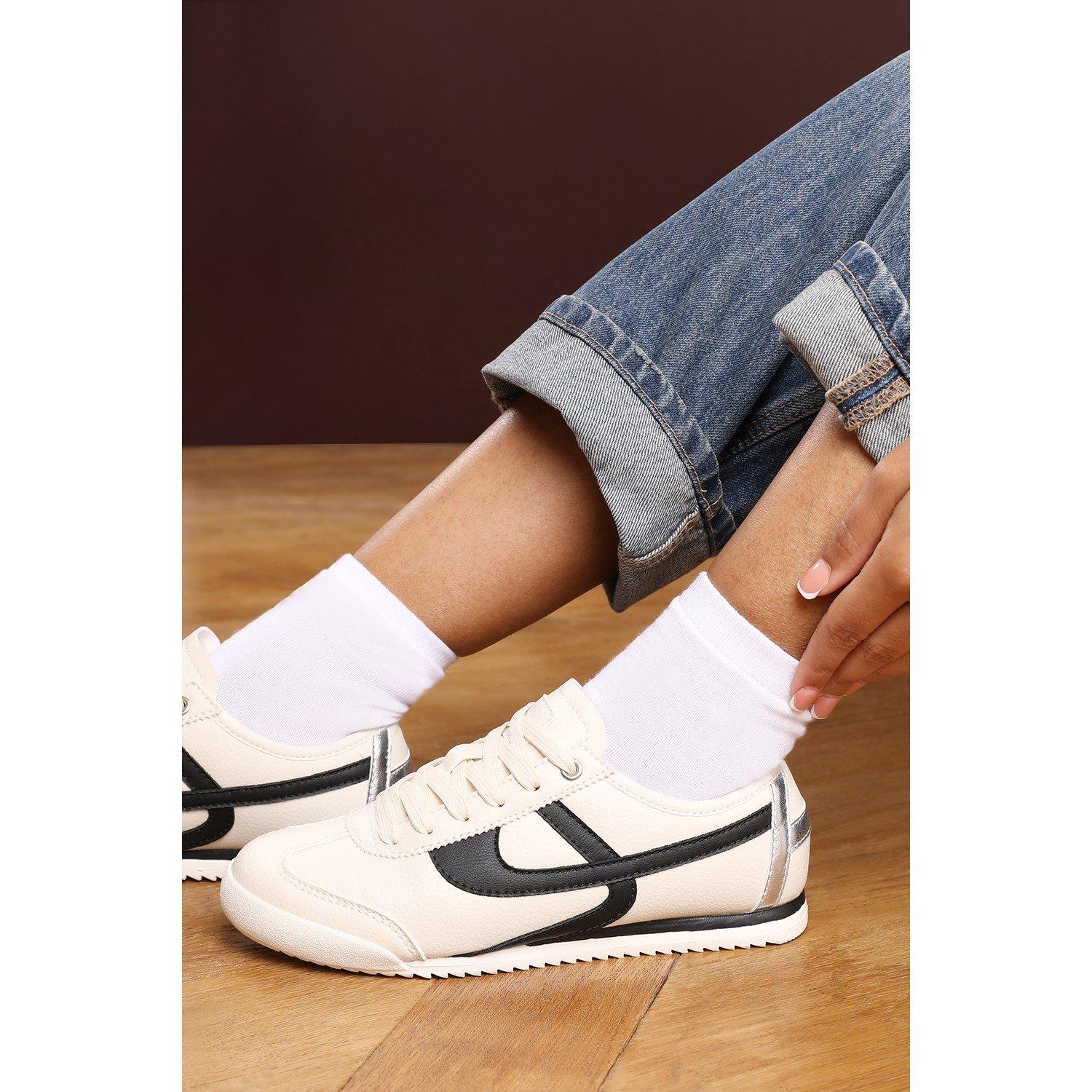 Beige/Black - Wheres That From - Court Lace up Trainer with Stripe detail - 8