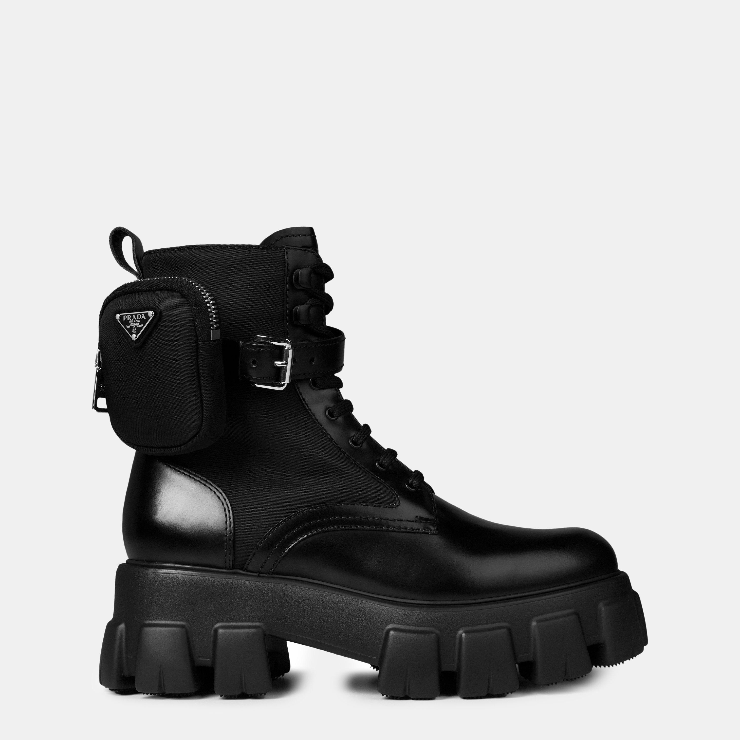 Black F0002 - Prada - Women'S Mono Leather Combat Boots - 1