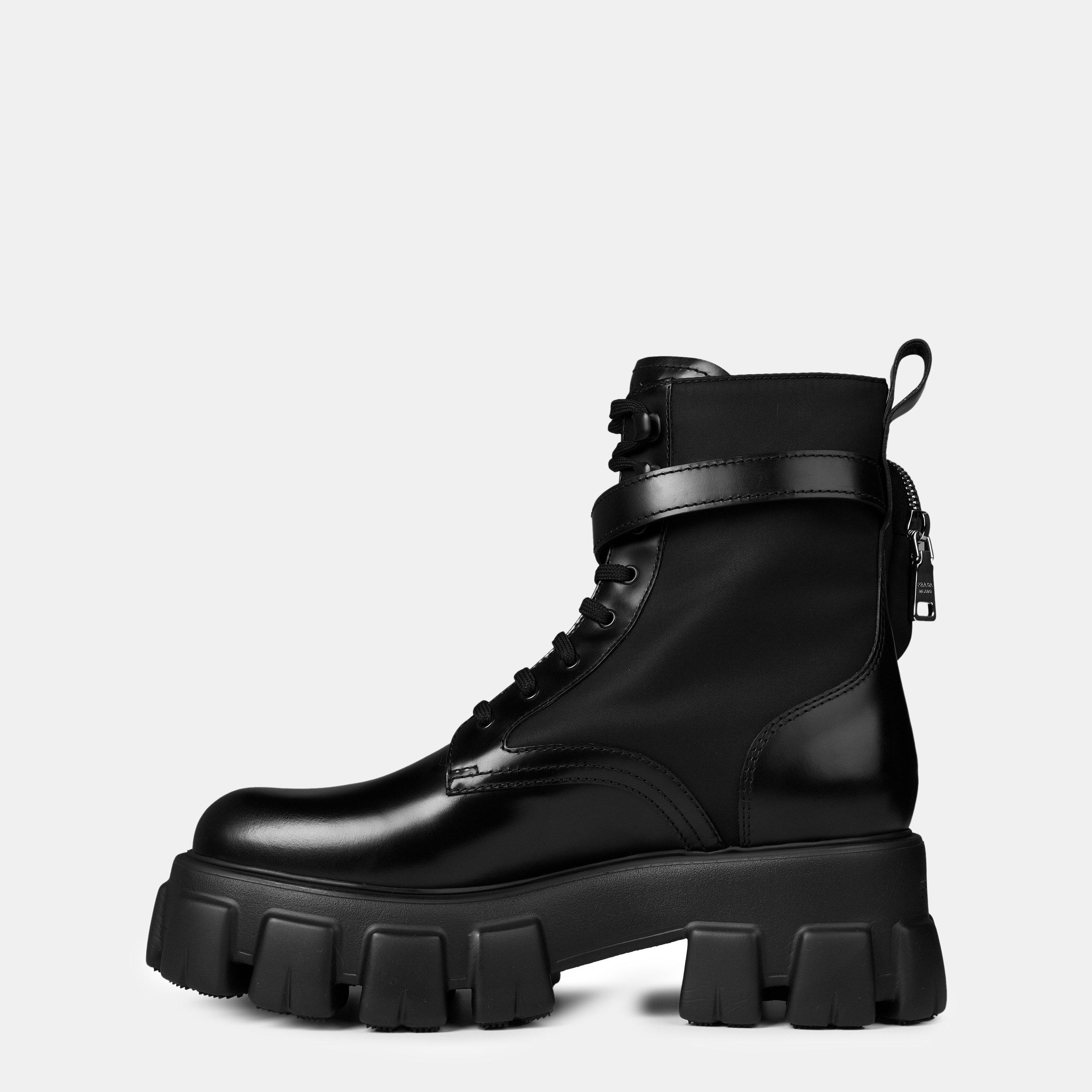 Black F0002 - Prada - Women'S Mono Leather Combat Boots - 2