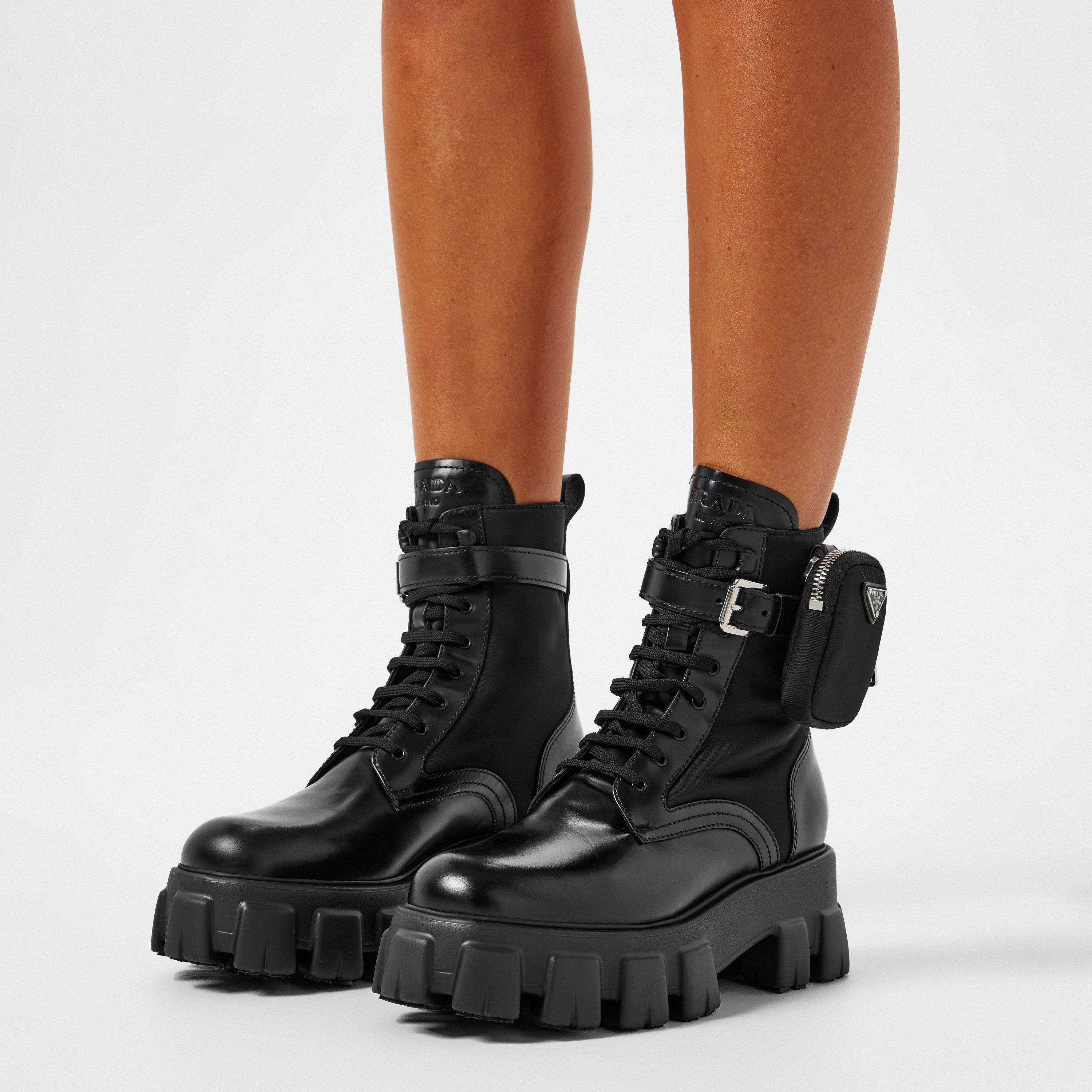 Black F0002 - Prada - Women'S Mono Leather Combat Boots - 3