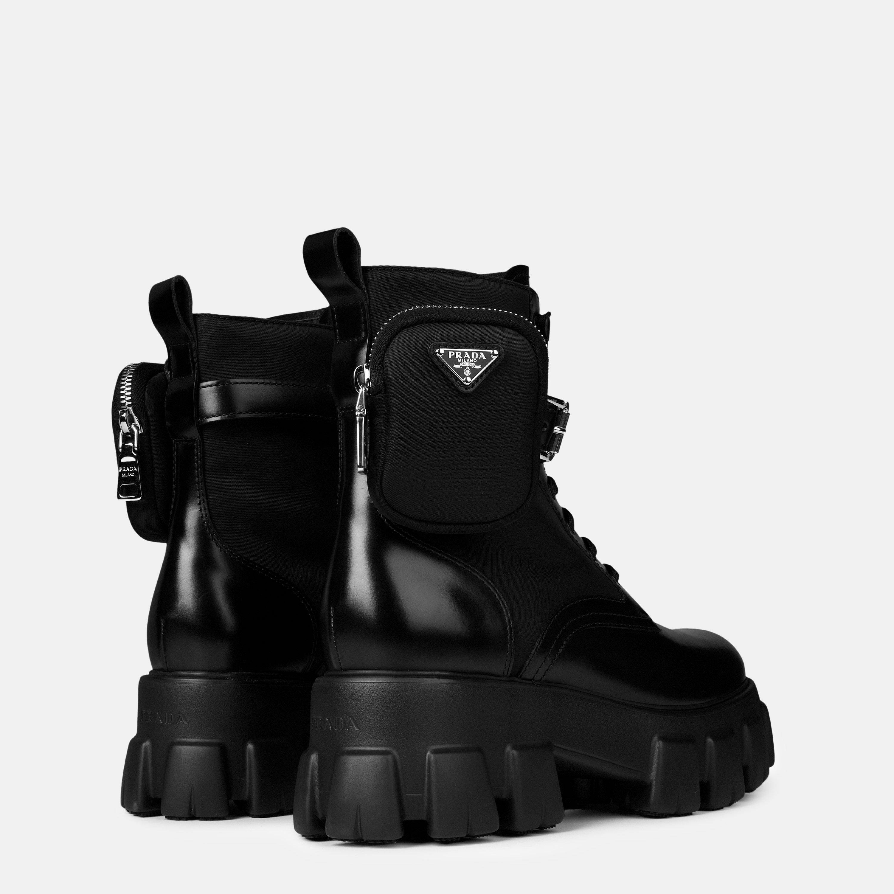 Black F0002 - Prada - Women'S Mono Leather Combat Boots - 5
