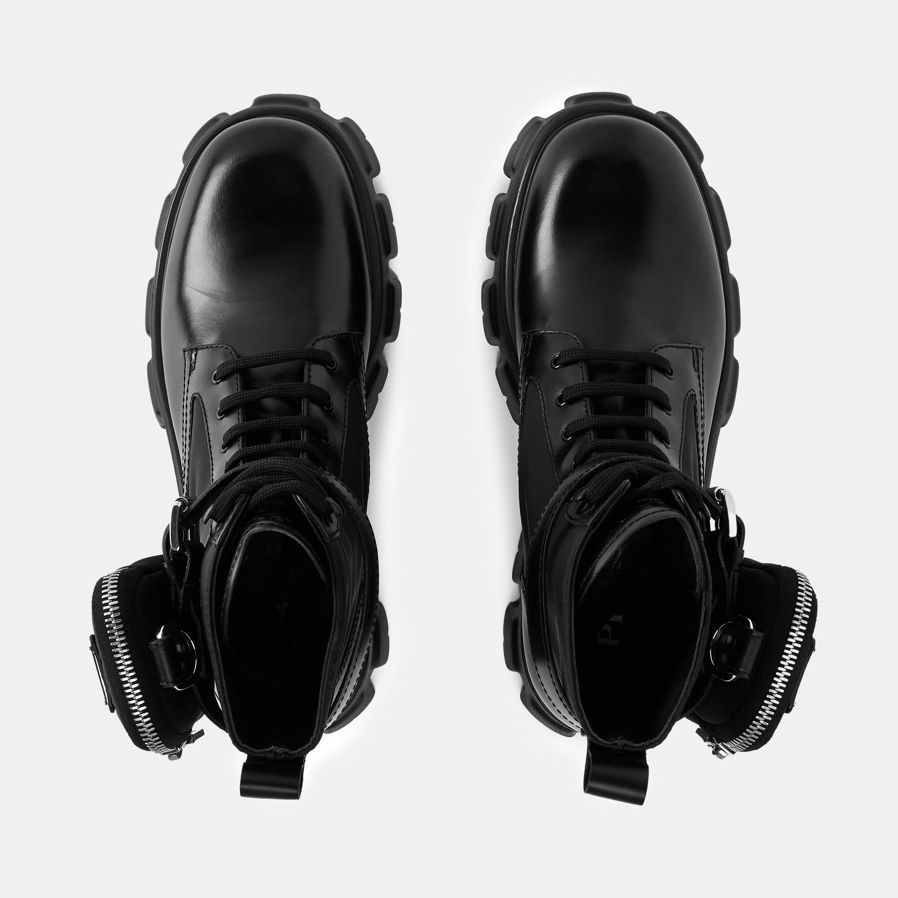 Black F0002 - Prada - Women'S Mono Leather Combat Boots - 6