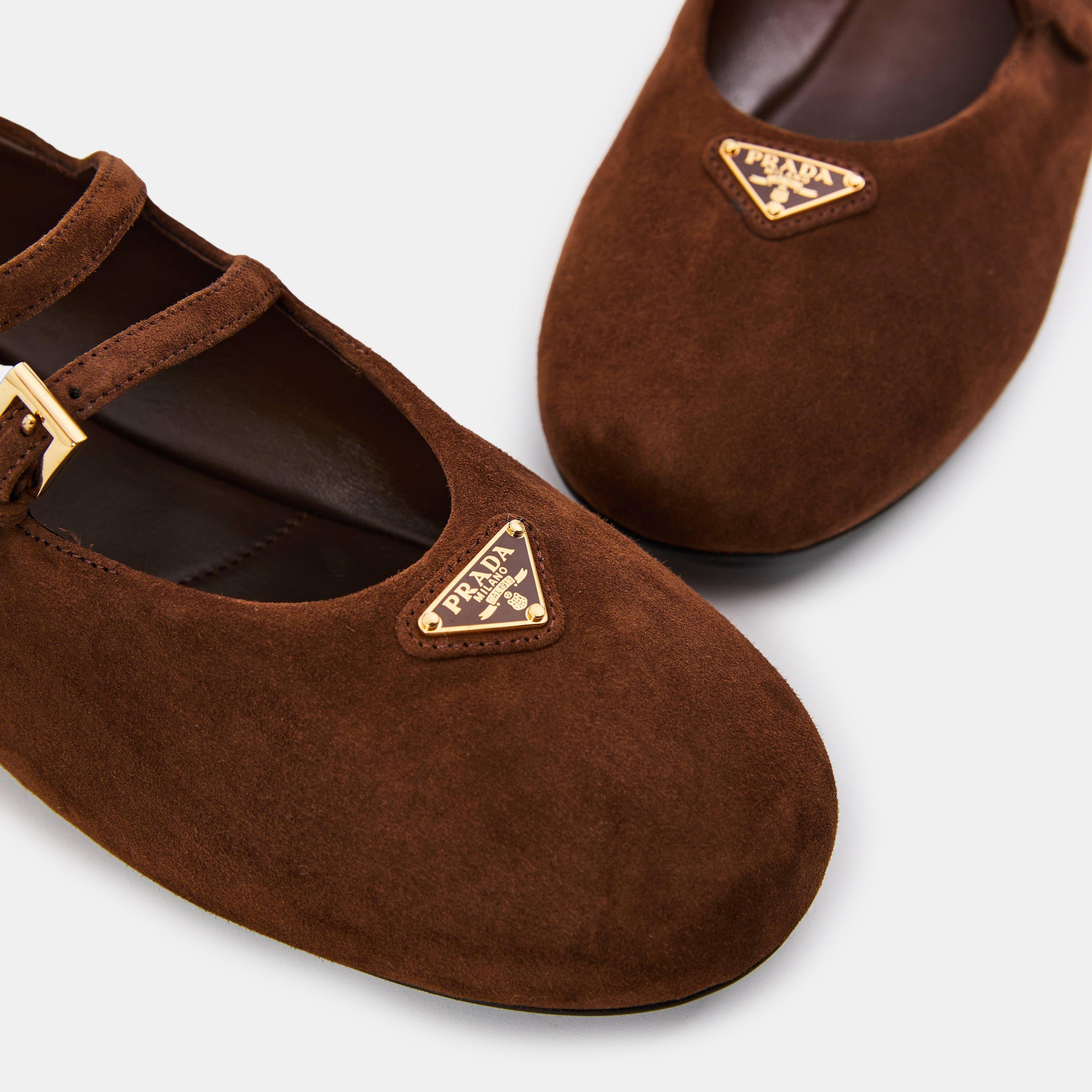 Cacao Suede - Prada - Two Strap Mary Jane Ballerina - 4