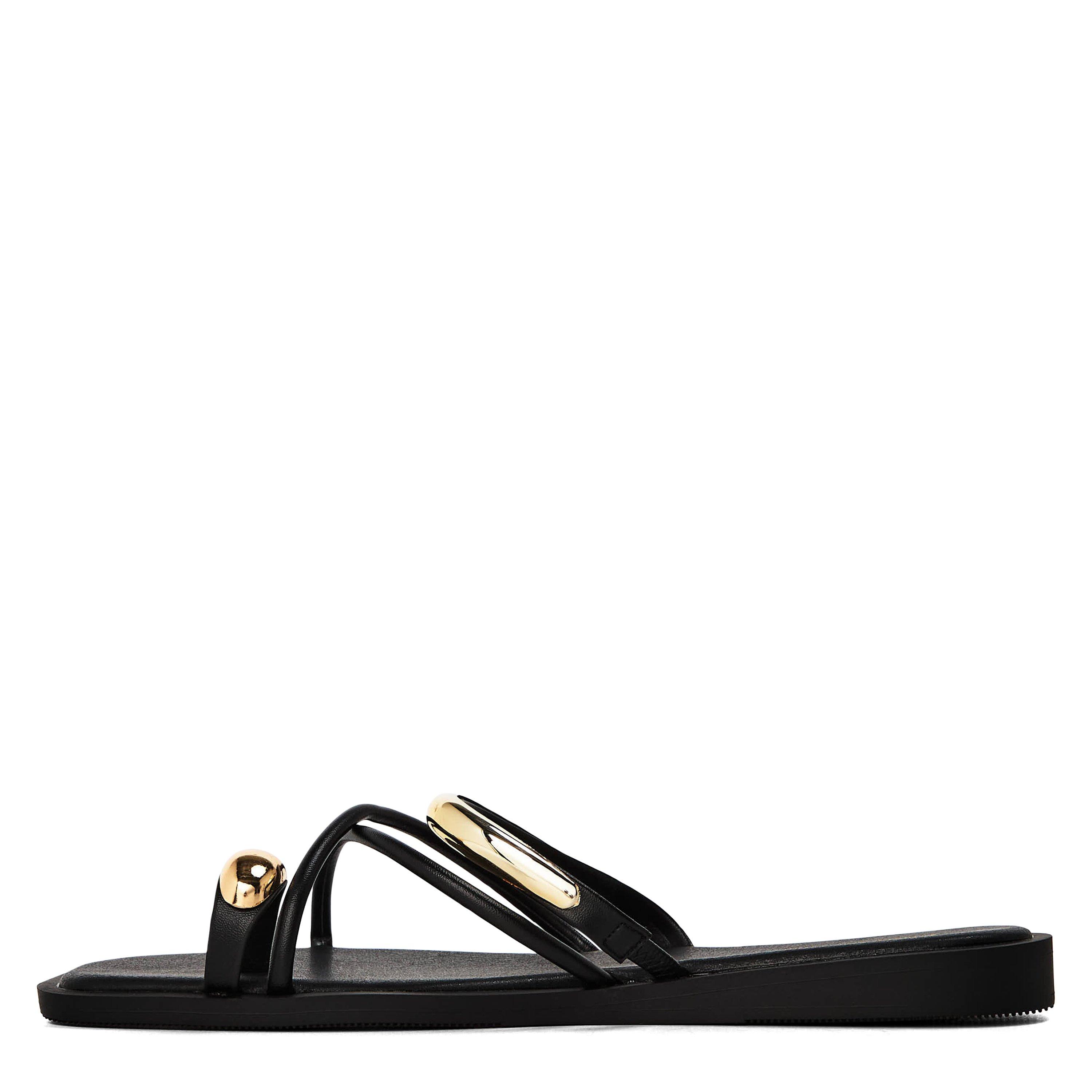Zwarte PU - Wheres That From - Where’s Strappy Metal Toe Loop Slide On Sandals - 2