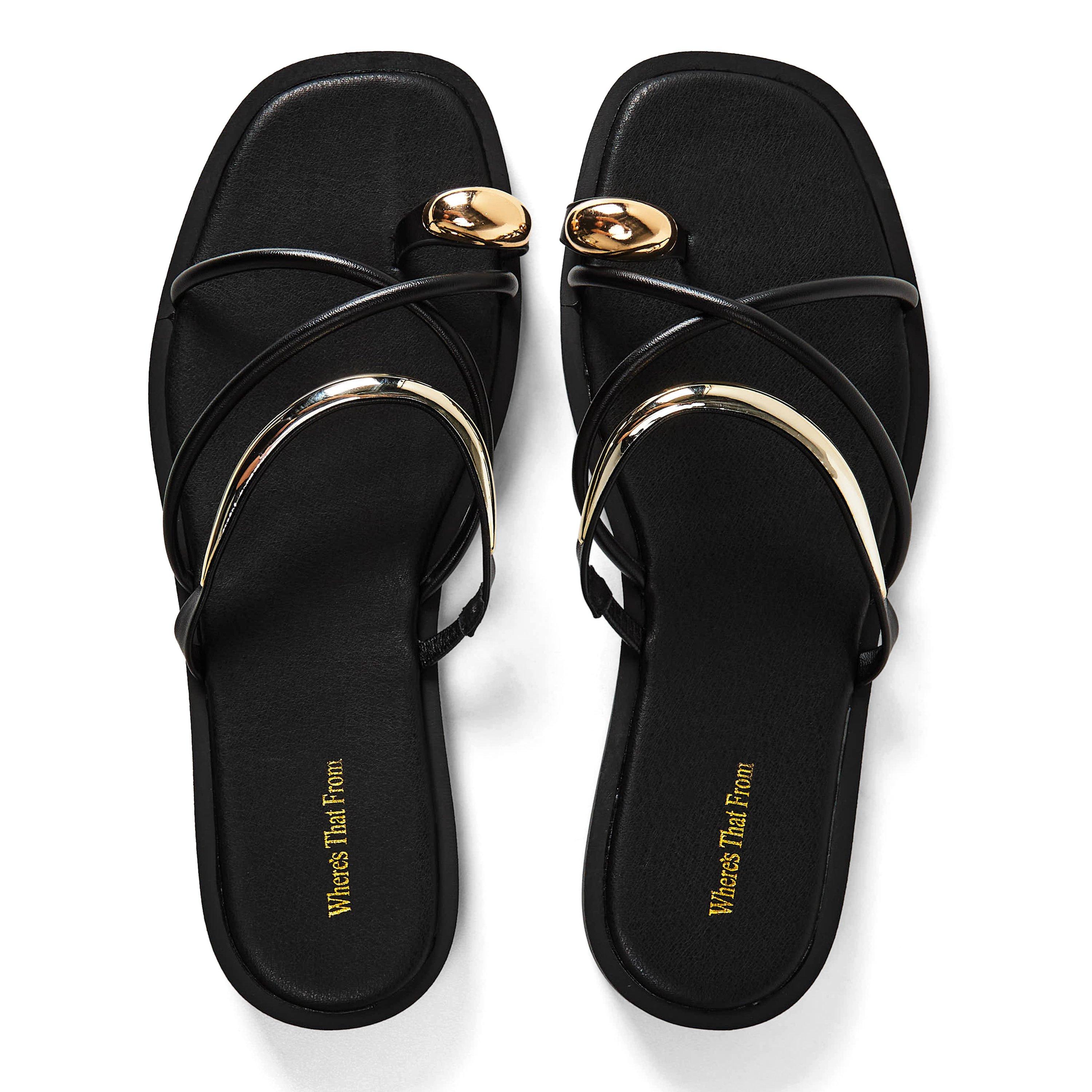 Zwarte PU - Wheres That From - Where’s Strappy Metal Toe Loop Slide On Sandals - 4